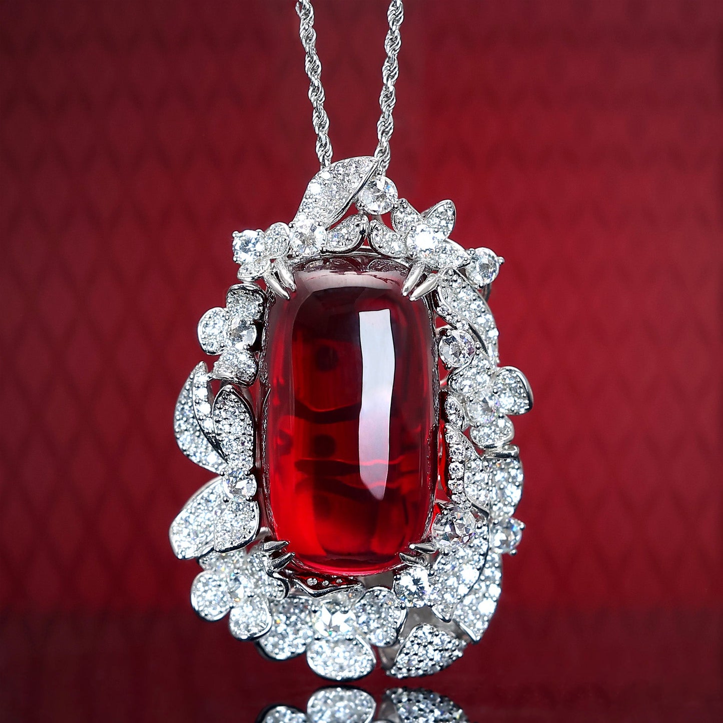 Micro-setting Ruby color Lab created stones big Oval shape petals lace cabochon necklace, sterling silver. (200 carat)
