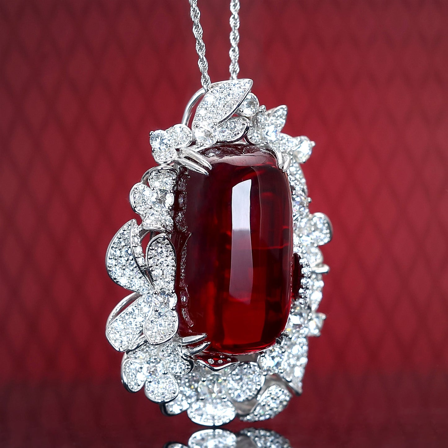 Micro-setting Ruby color Lab created stones big Oval shape petals lace cabochon necklace, sterling silver. (200 carat)