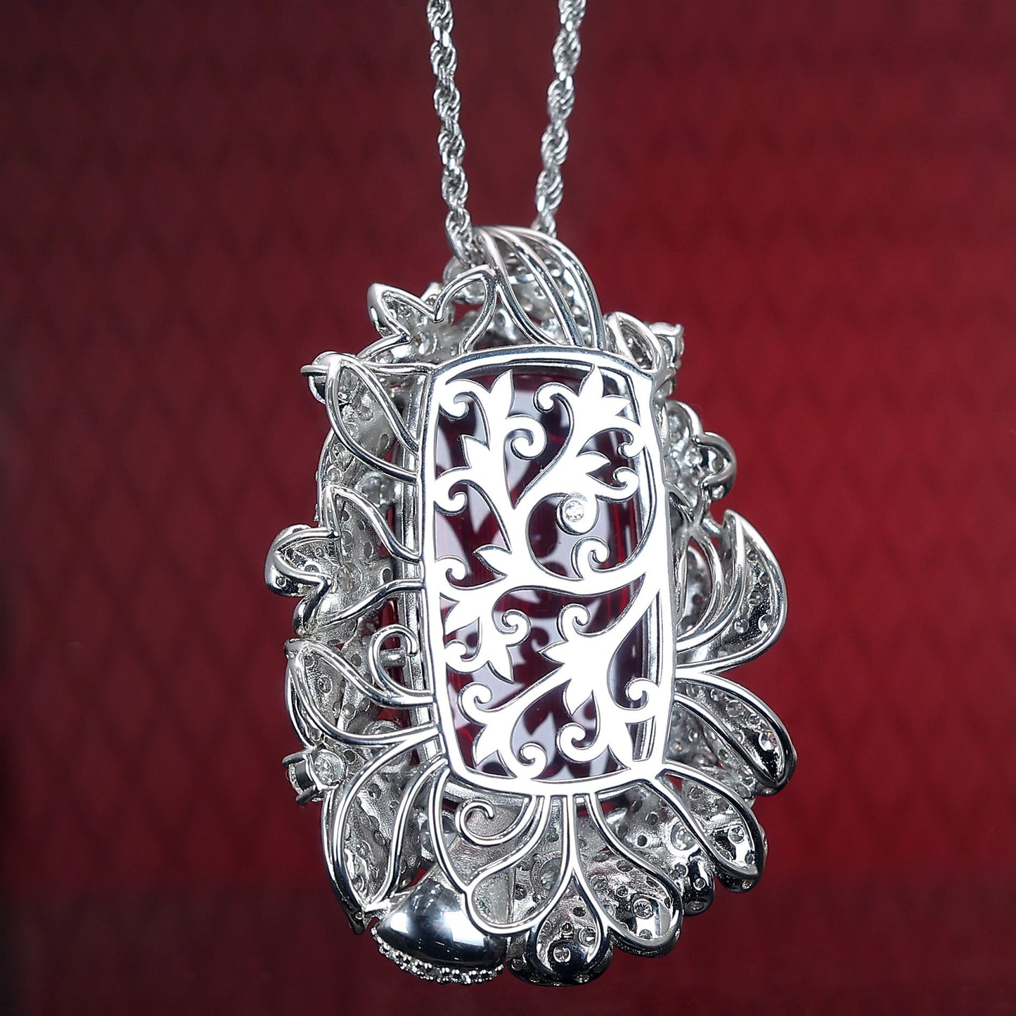 Micro-setting Ruby color Lab created stones big Oval shape petals lace cabochon necklace, sterling silver. (200 carat)