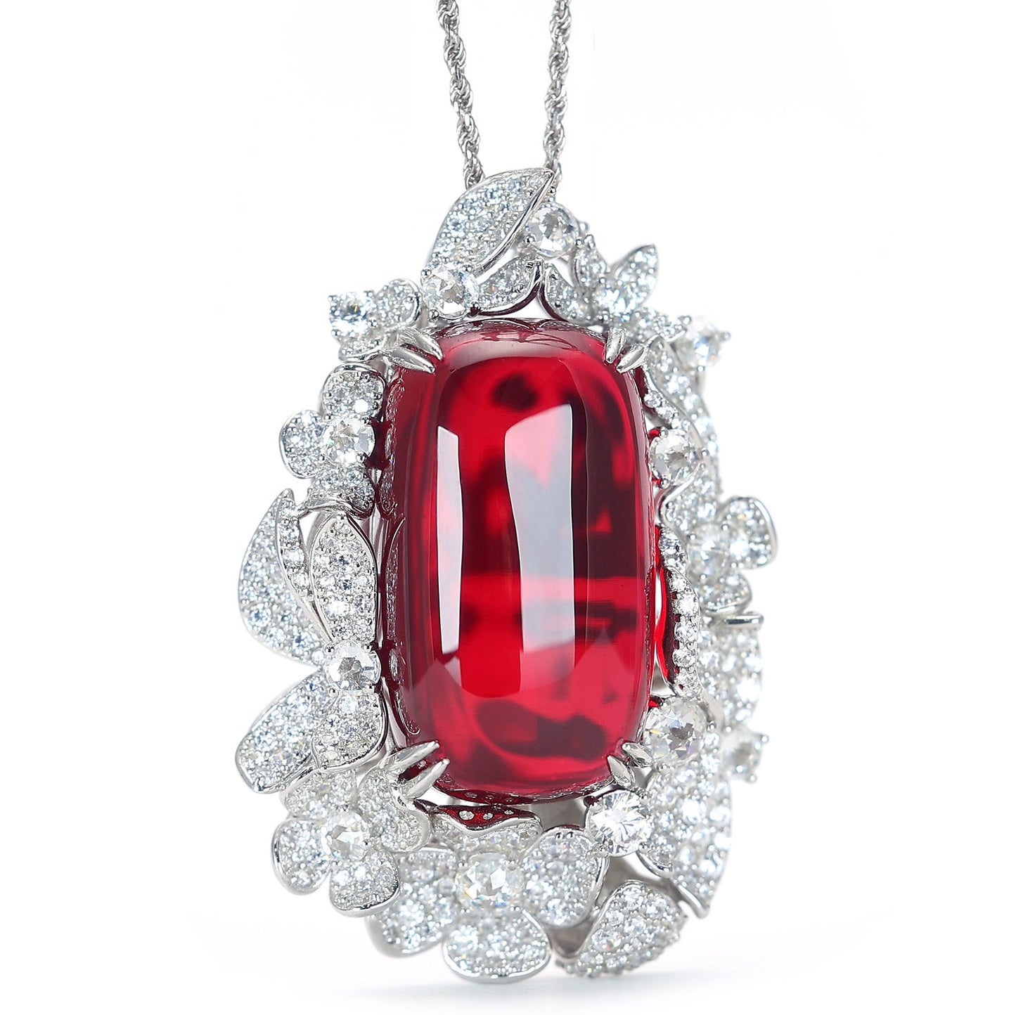 Micro-setting Ruby color Lab created stones big Oval shape petals lace cabochon necklace, sterling silver. (200 carat)