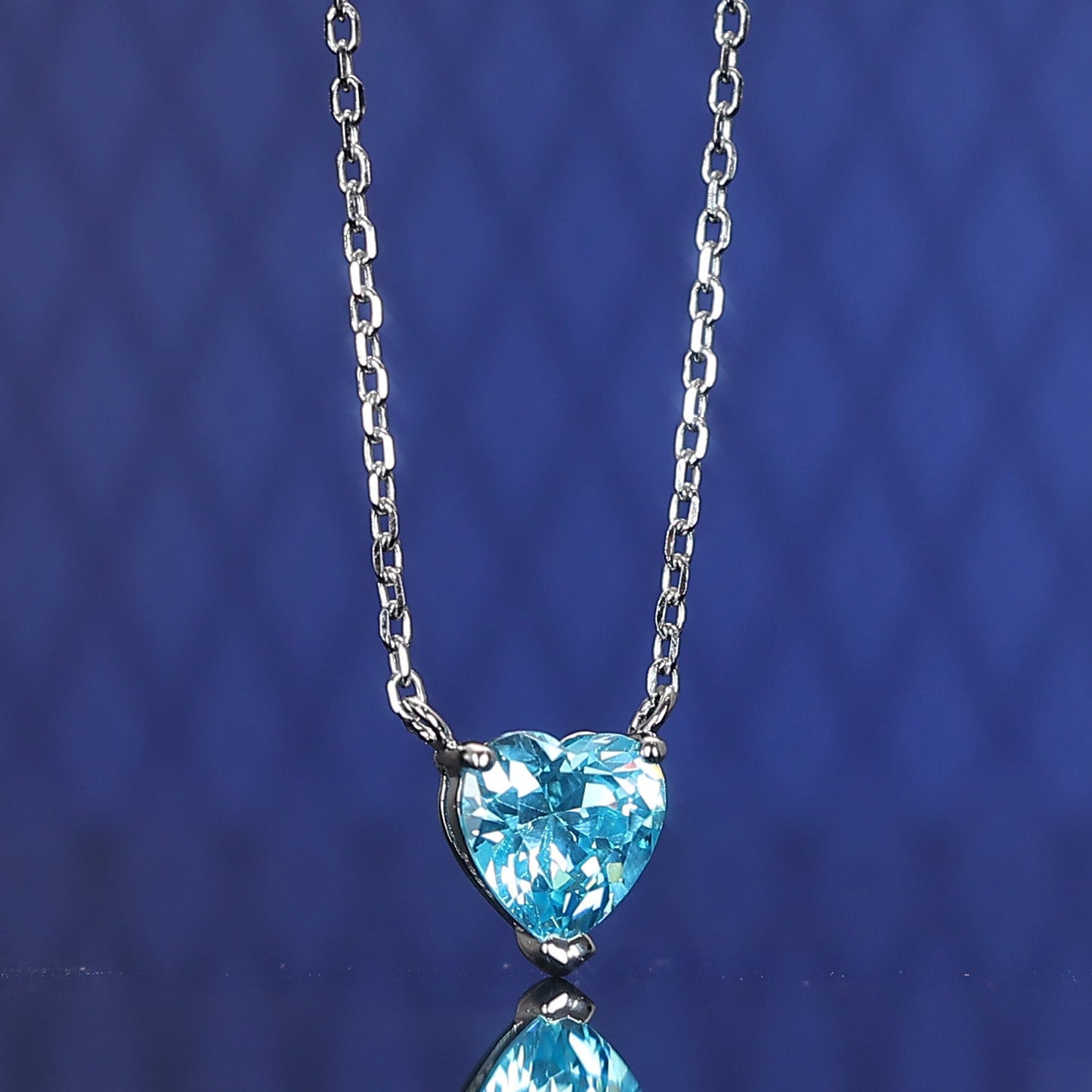 Micro-setting Aquamarine color Lab created stones small heart shape necklace, sterling silver