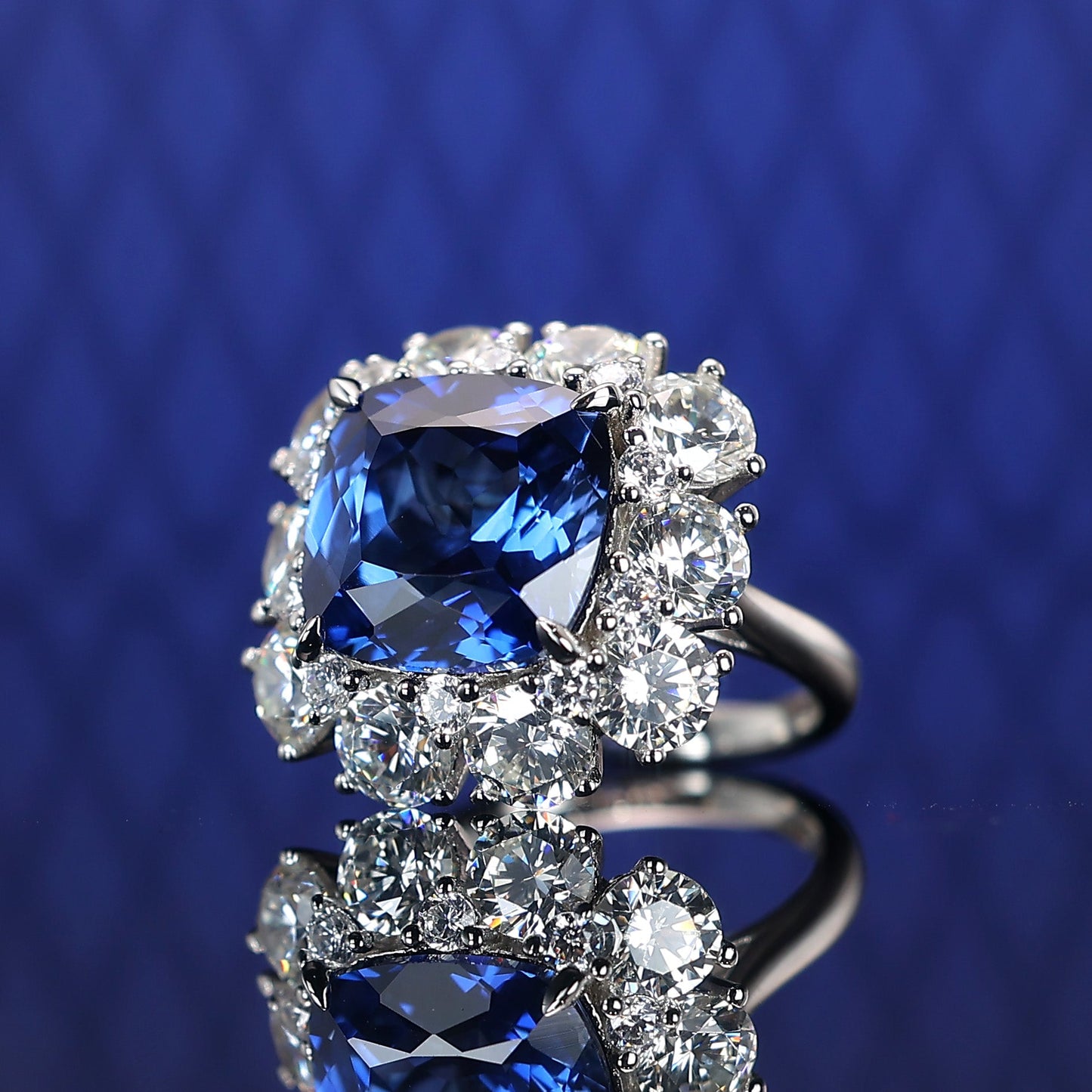 Micro-setting Sapphire color Lab created stones square cube ring, sterling silver #1215