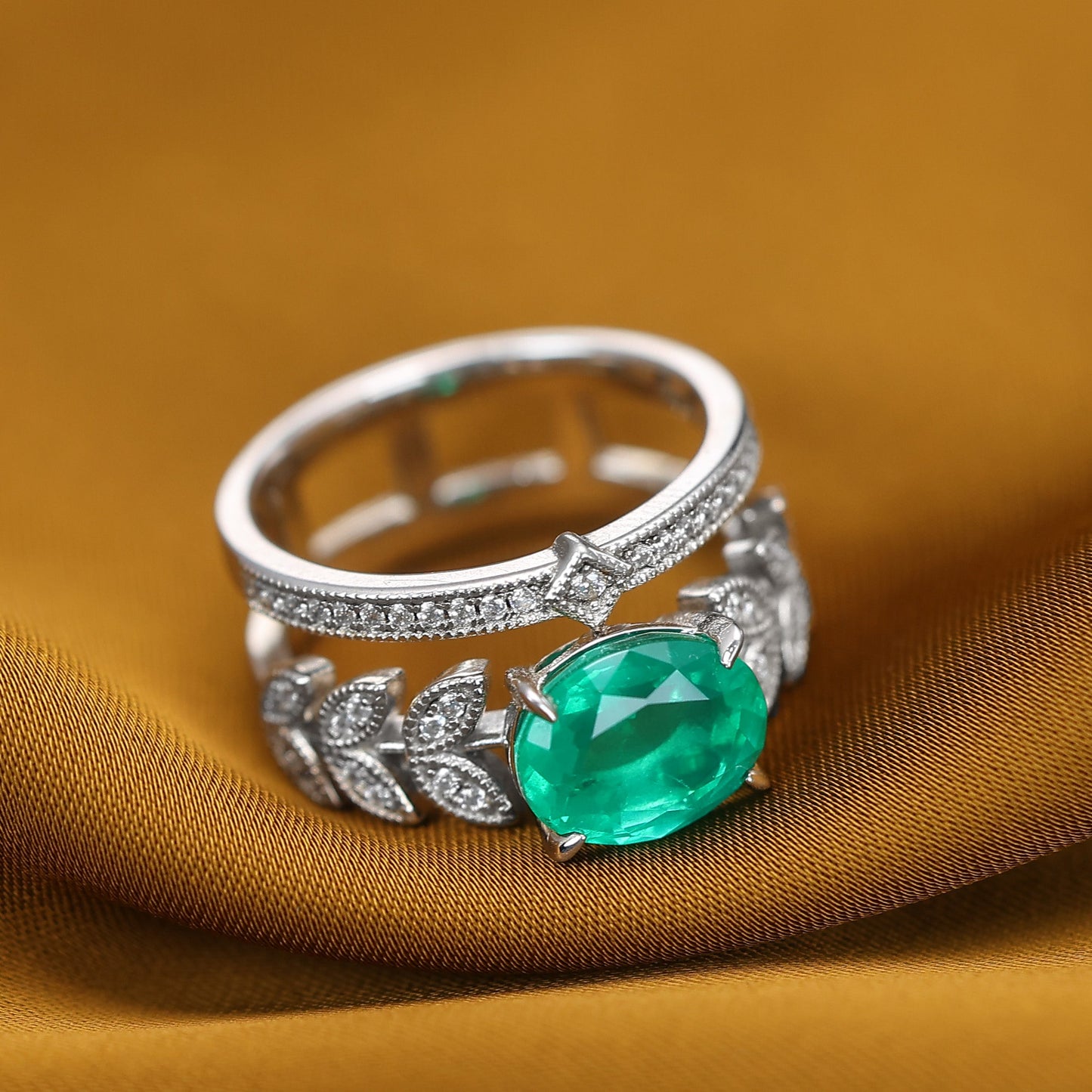 Micro-setting Emerald color Lab created stones Fashion pigeon egg double row ring, sterling silver. (2.92 carat)
