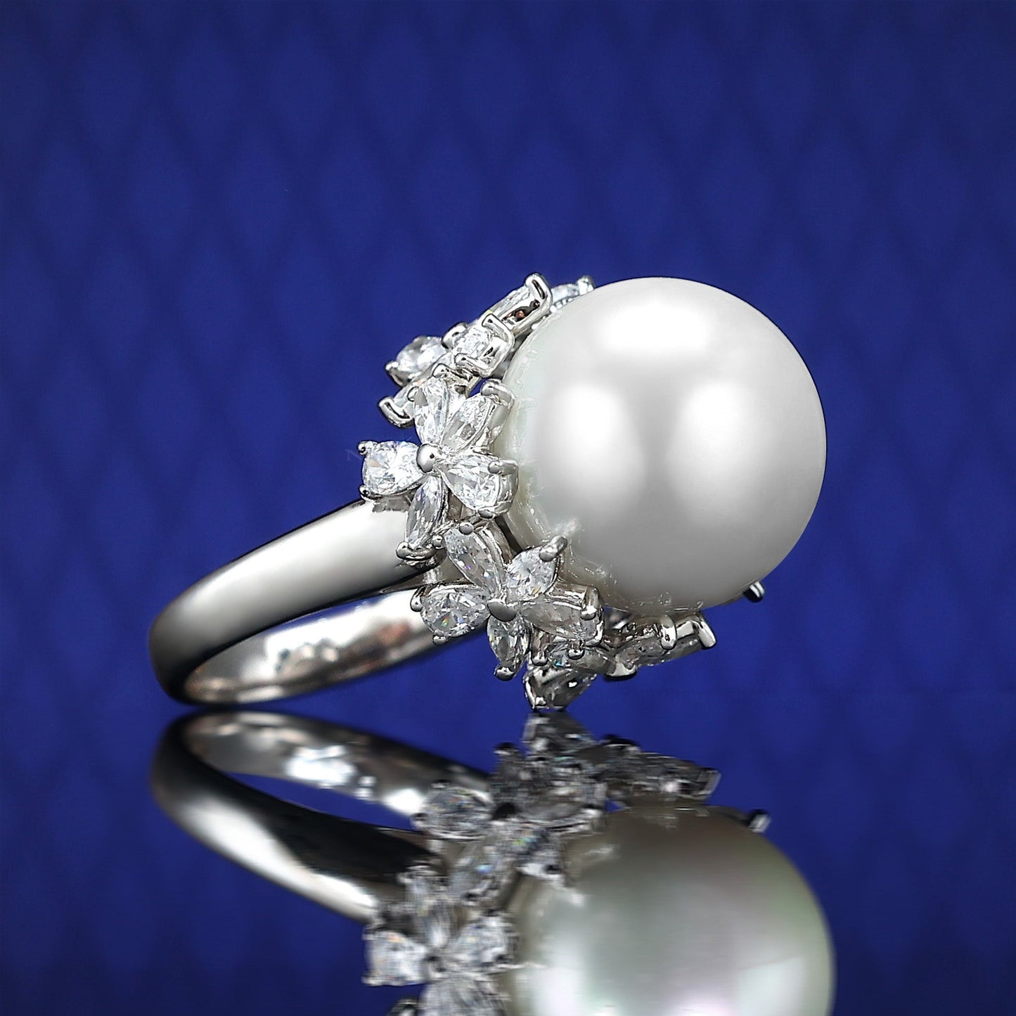 Micro-setting Lab created stones White Shell pearl fancy flower Ring,sterling silver