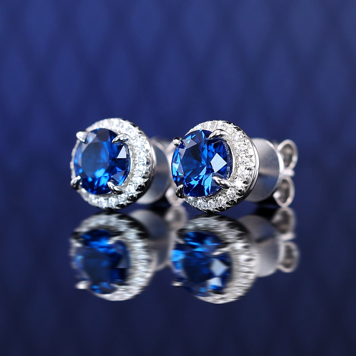 Micro-setting Sapphire color Firework-cut round shape lab created stones ear studs, sterling silver, (2 carat)