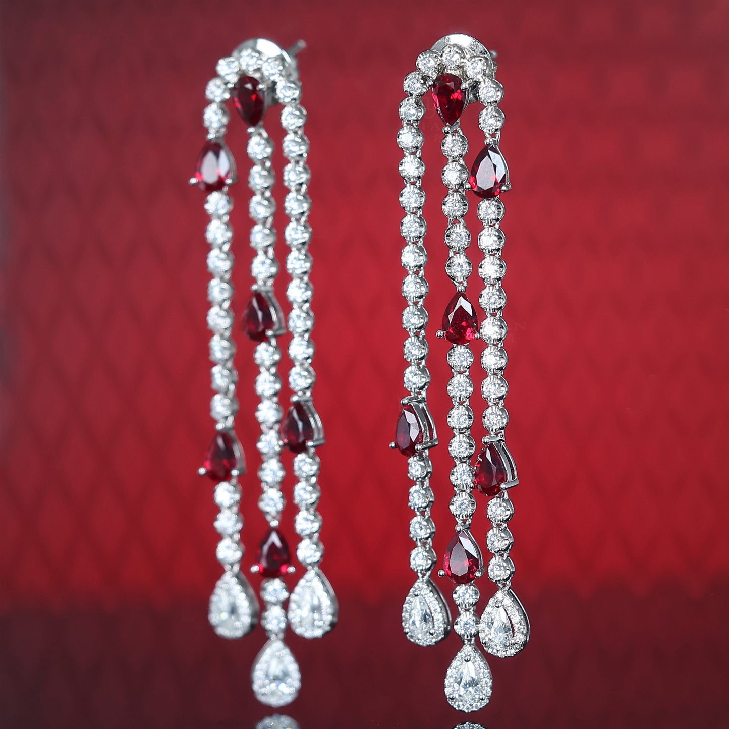 Micro-setting water drop Ruby color bubble chain tassel earrings, sterling silver