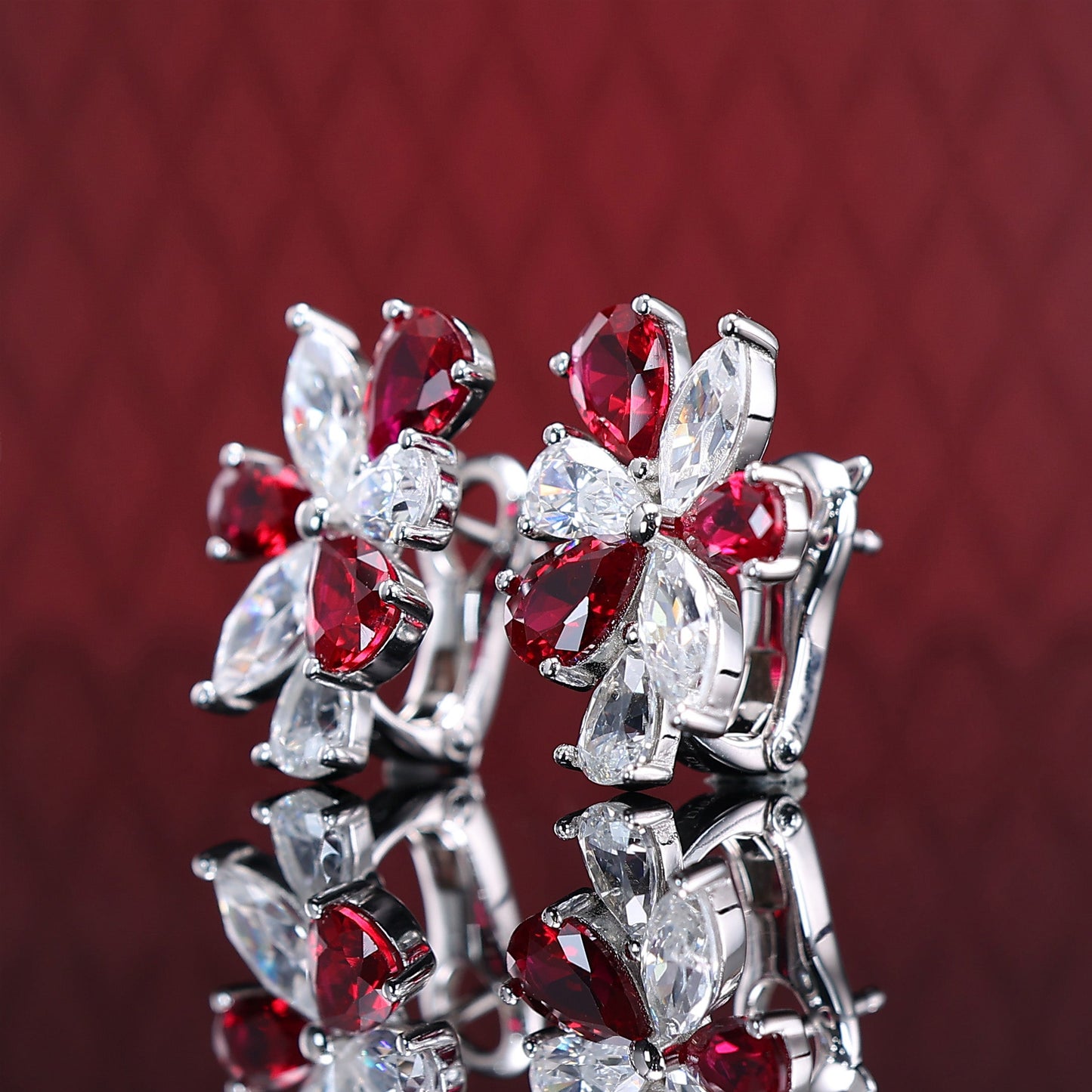 Micro-setting Ruby and diamond color Lab created stones waterdrops petal earrings, sterling silver