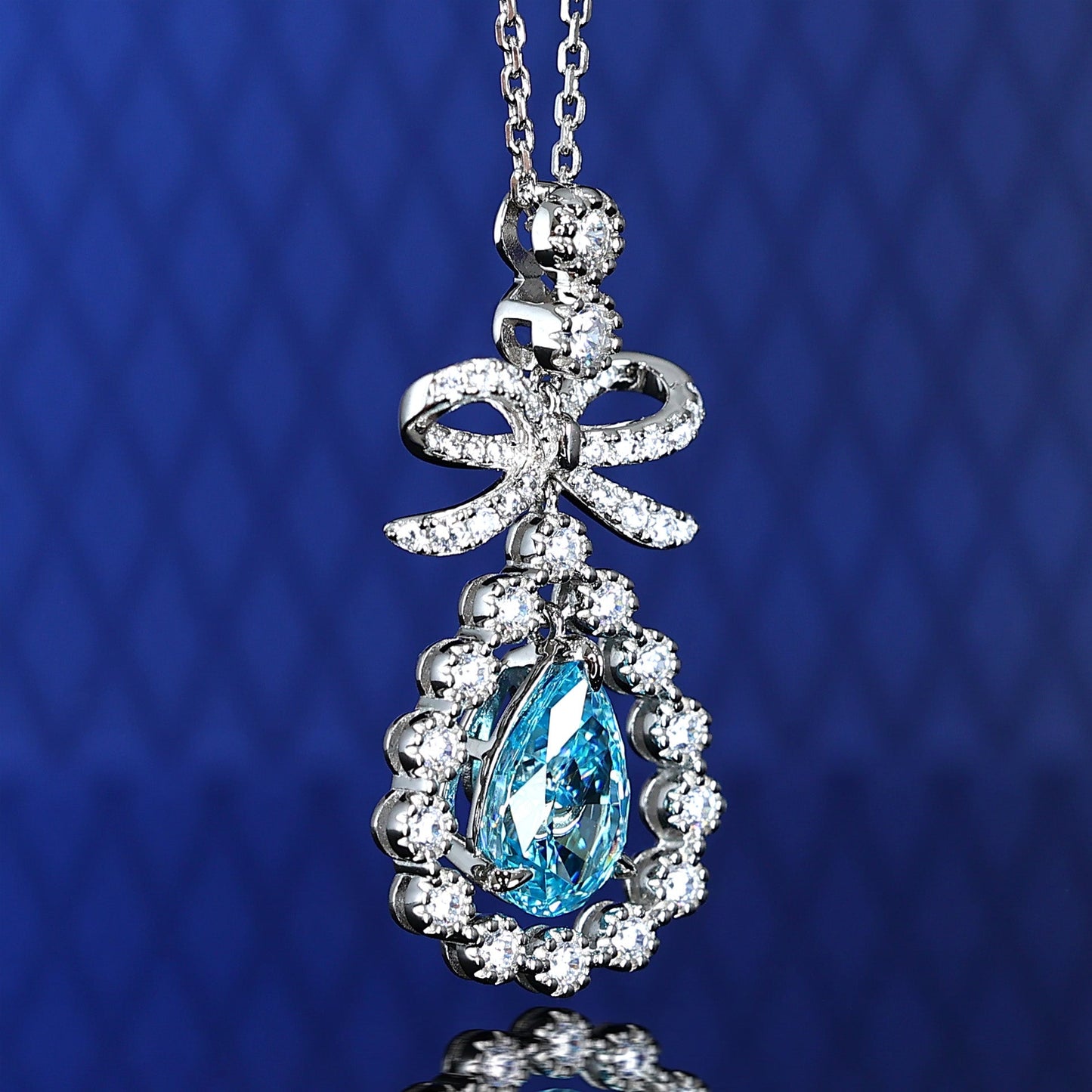 Micro-setting Aquamarine color Lab created stones Santa Maria Stars necklace, sterling silver.