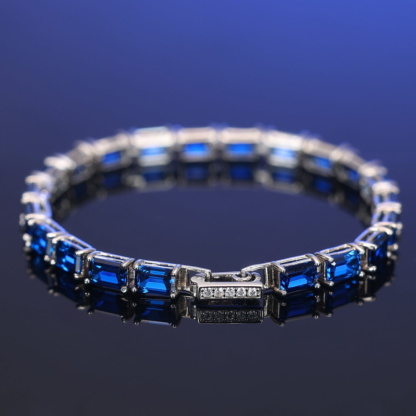 Micro-setting Sapphire color emerald cut Lab created stones bracelet, sterling silver