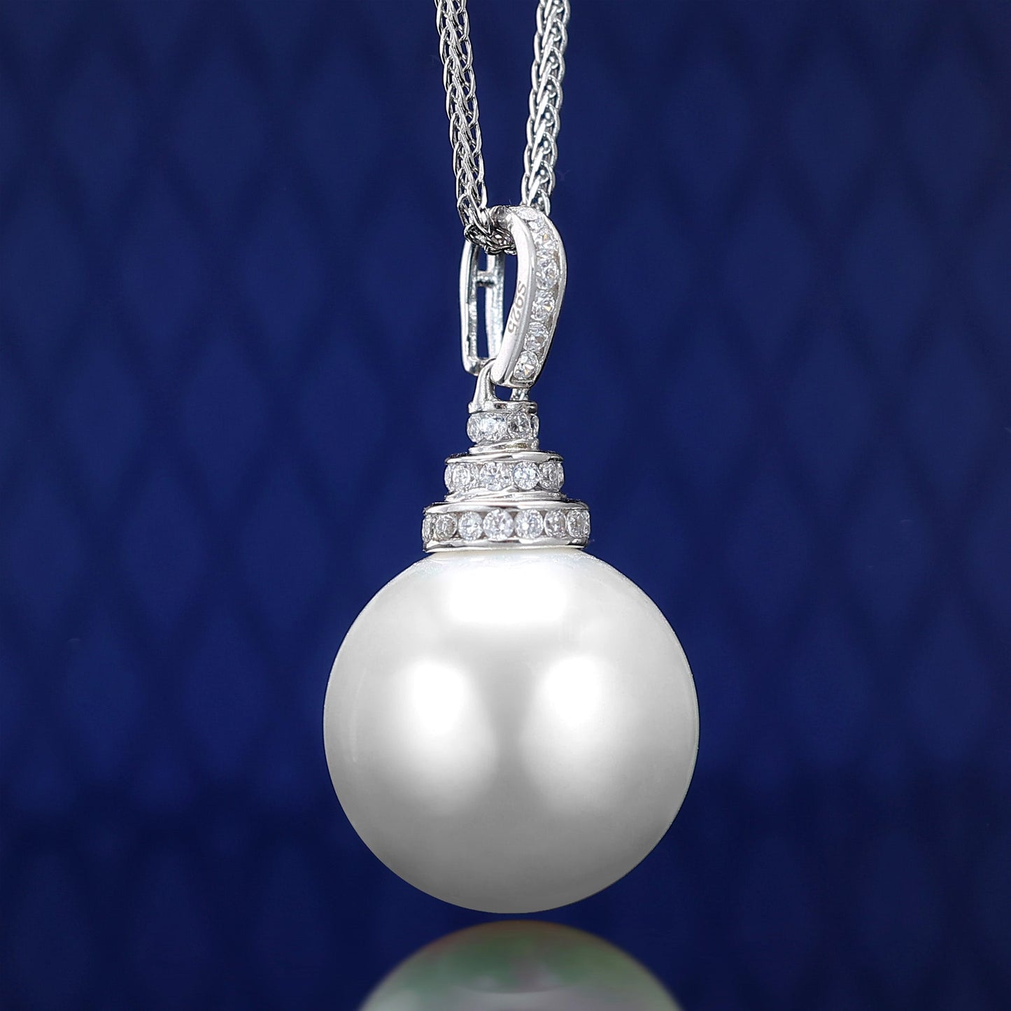 Micro-setting lab created stones White Shell Pearl Classic necklace, sterling silver