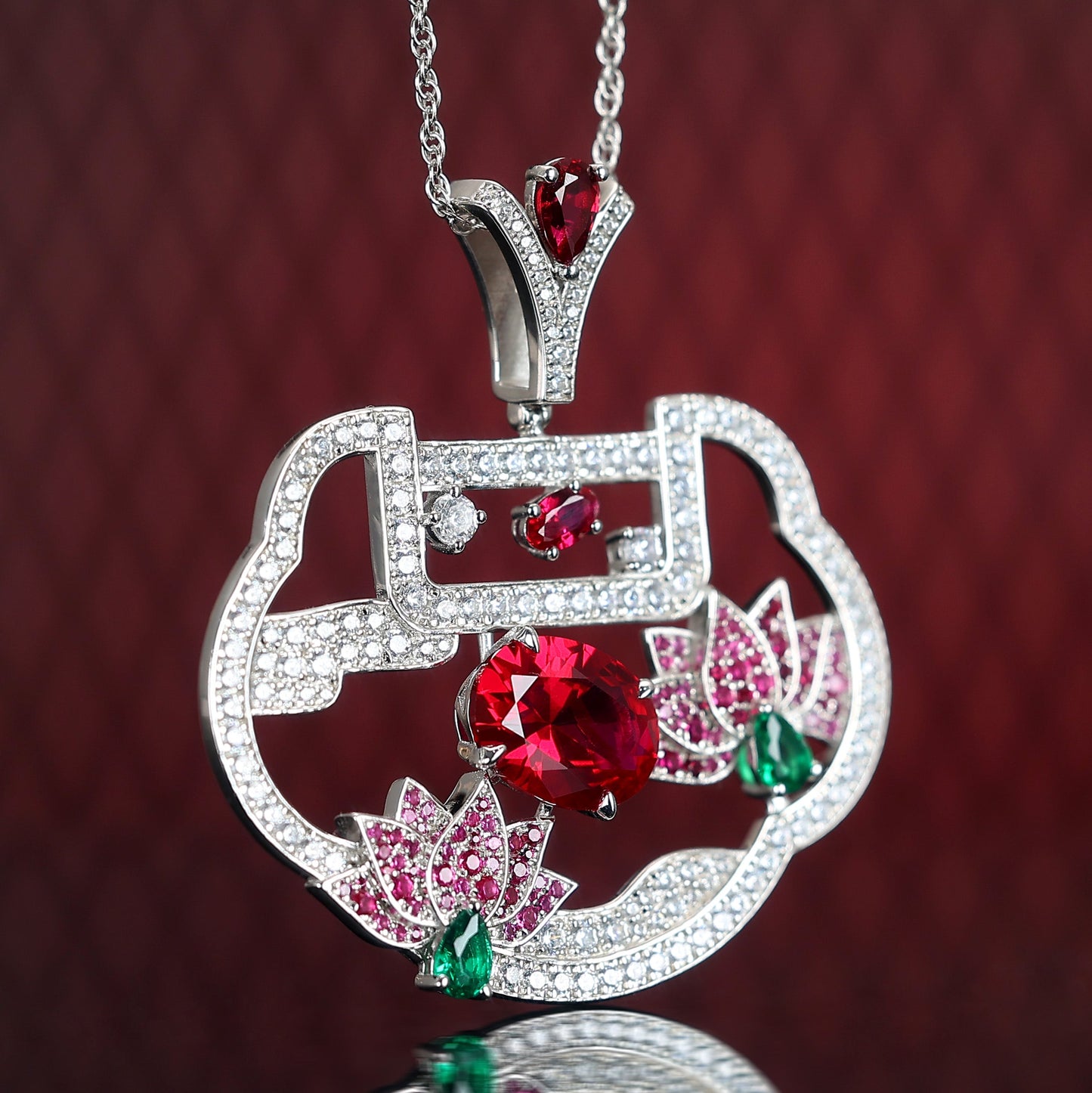 Promotional design Micro-setting Ruby color lab created stones Red Ruyi lotus pendant, sterling silver