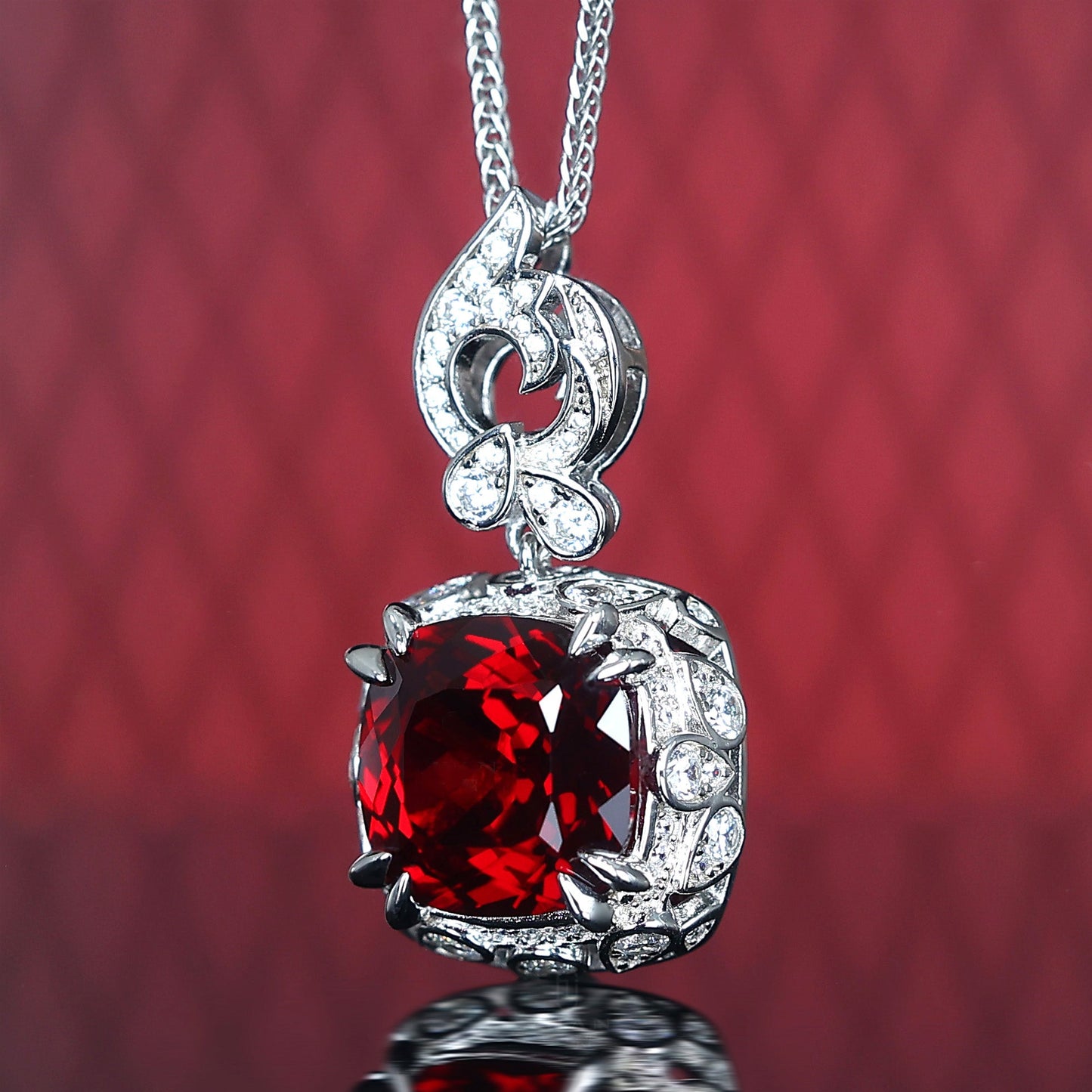 Micro-setting Ruby color Square-shape Birds paying homage to the phoenix necklace, sterling silver