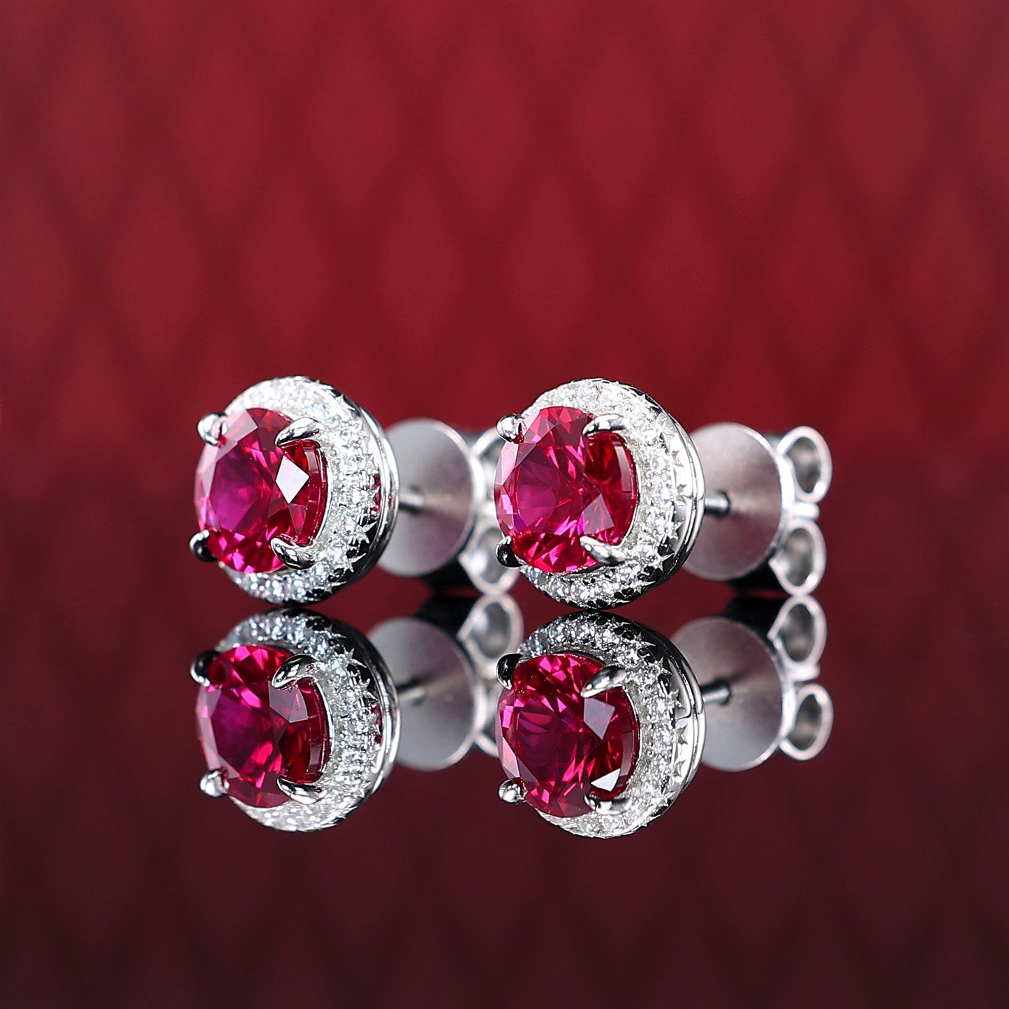 Special offer Micro-setting Red round shape detailed ear studs, sterling silver. (2 carat)