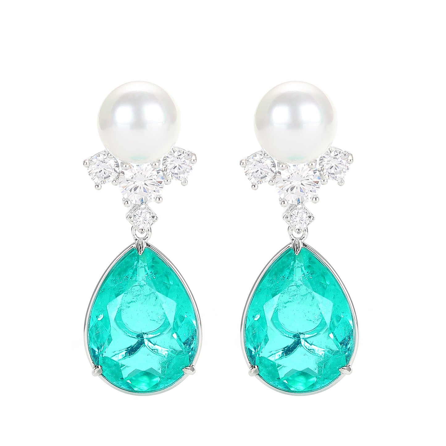 Micro-setting Paraiba color Lab created stones Teardrop earrings, sterling silver