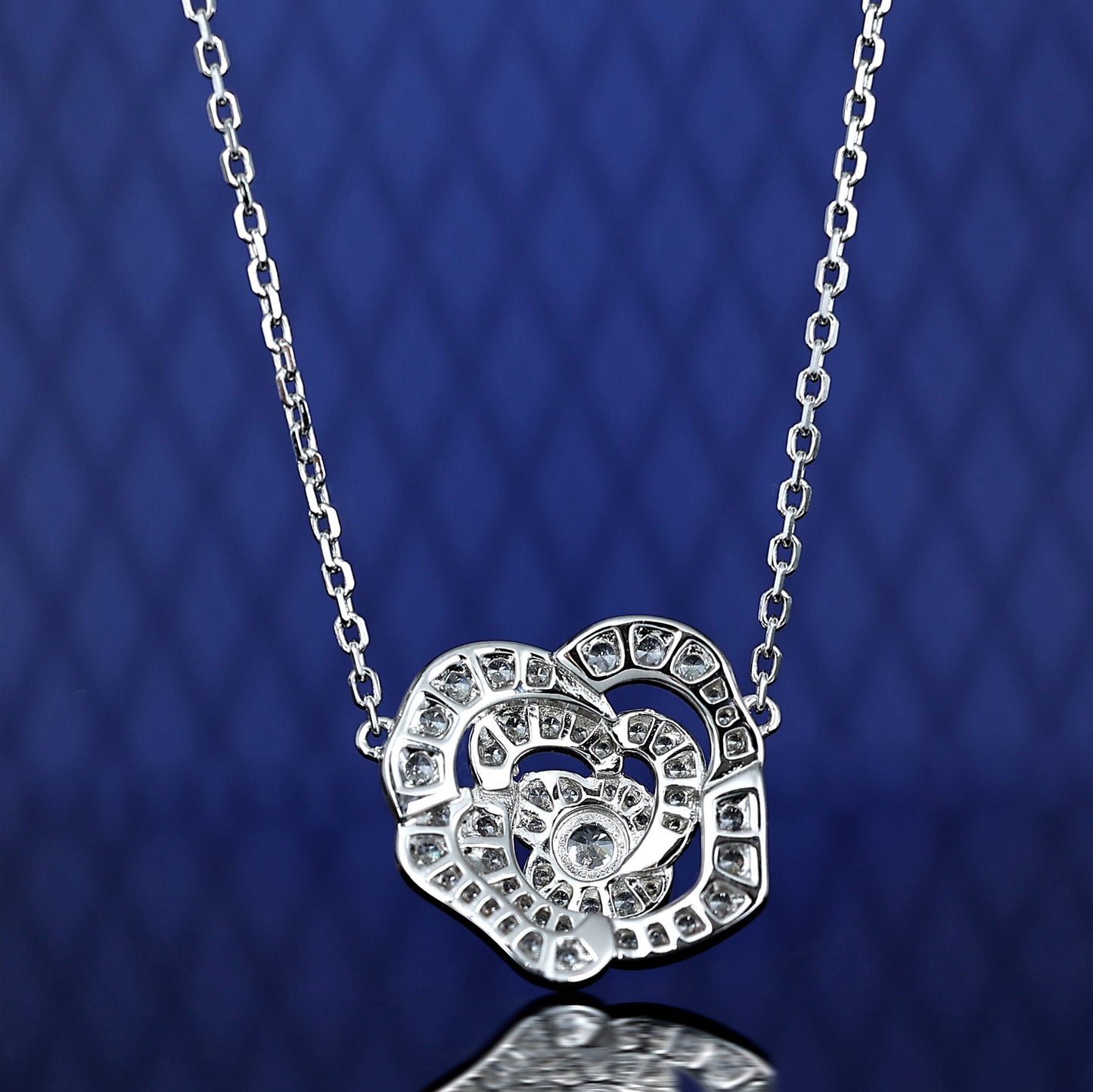 Micro-setting Lab created stones Camellia necklace, sterling silver.