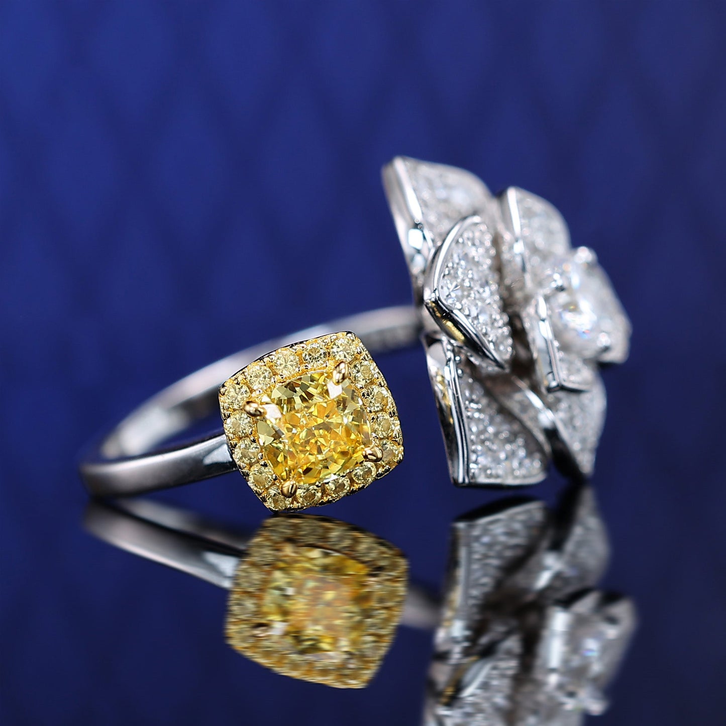 Micro-setting Yellow diamond color Lab created stones Camellia open ring, sterling silver