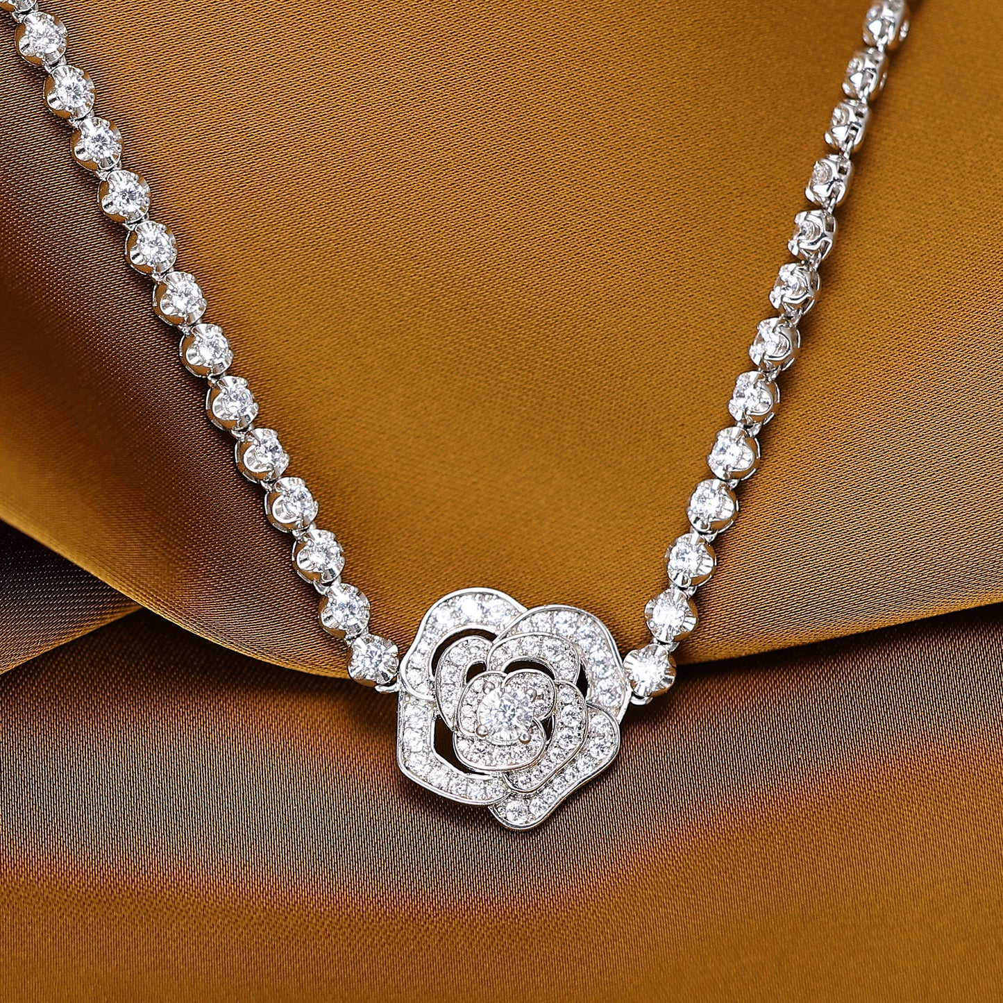 Micro-setting lab created stones Camellia Bubble chain necklace, sterling silver.