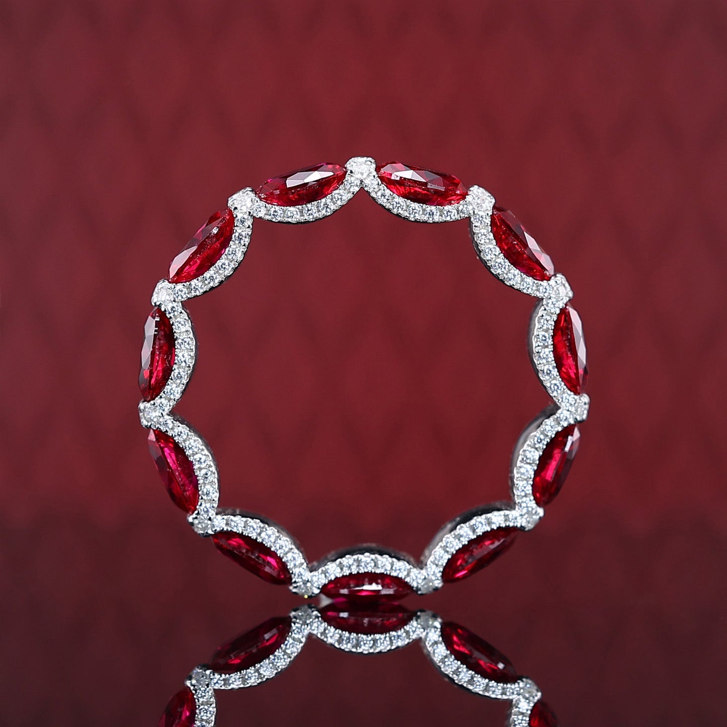 Micro-setting Ruby color Lab created stones detailed band ring, sterling silver