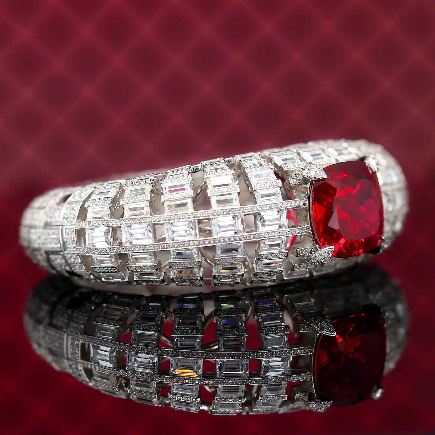 Micro-setting Ruby color Lab created stones Art deco bangle, sterling silver