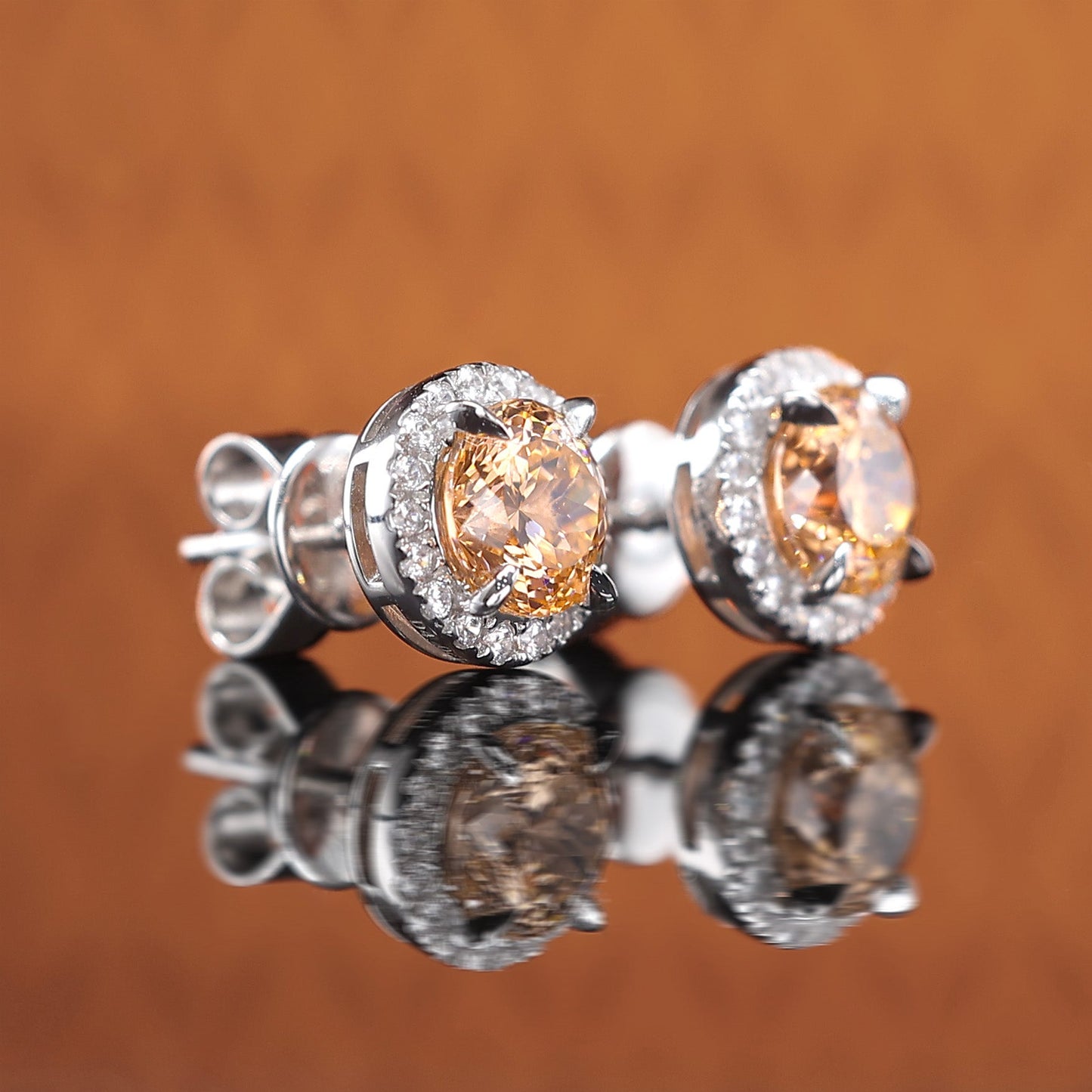Micro-setting Fanta color Firework-cut lab created stones round shape ear studs, sterling silver, (2 carat)