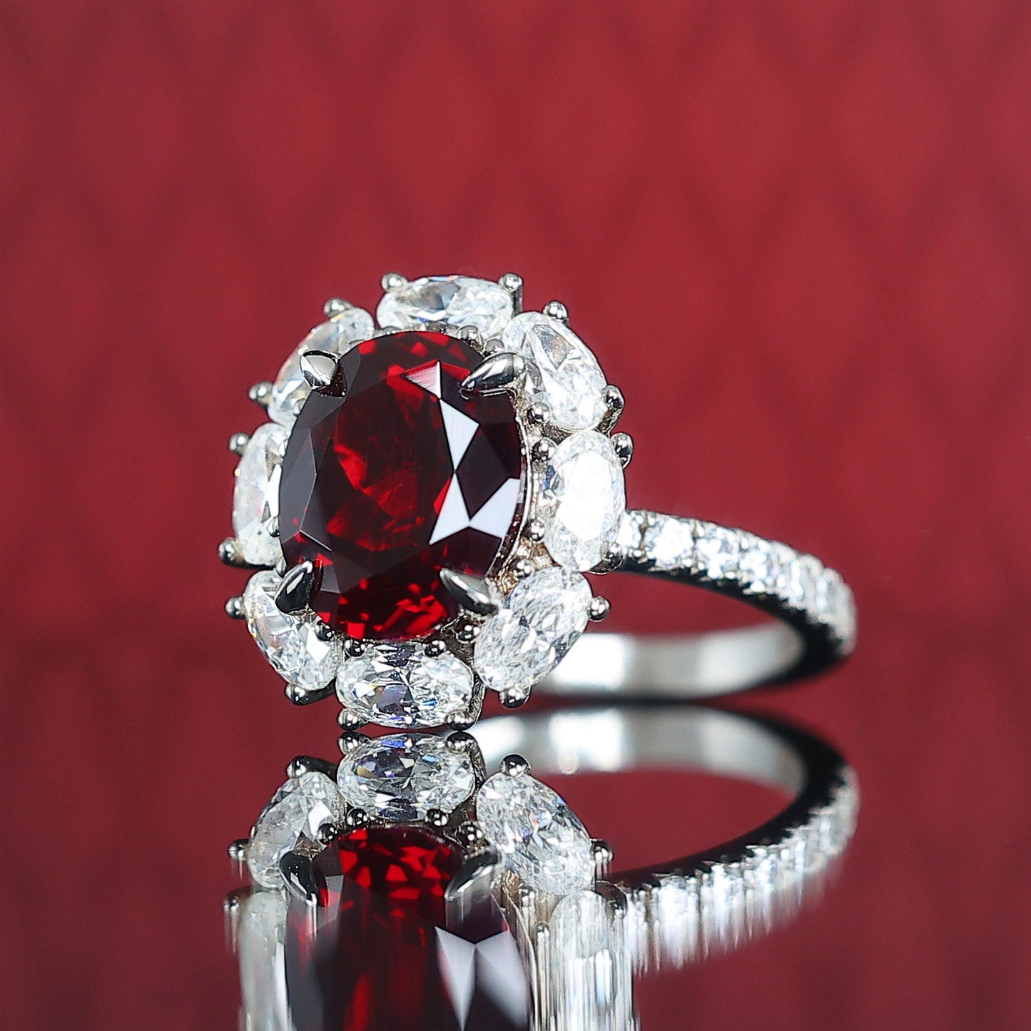 Promotional design Micro-setting Ruby color Lab created stones Diana ring, sterling silver. (5 carat)