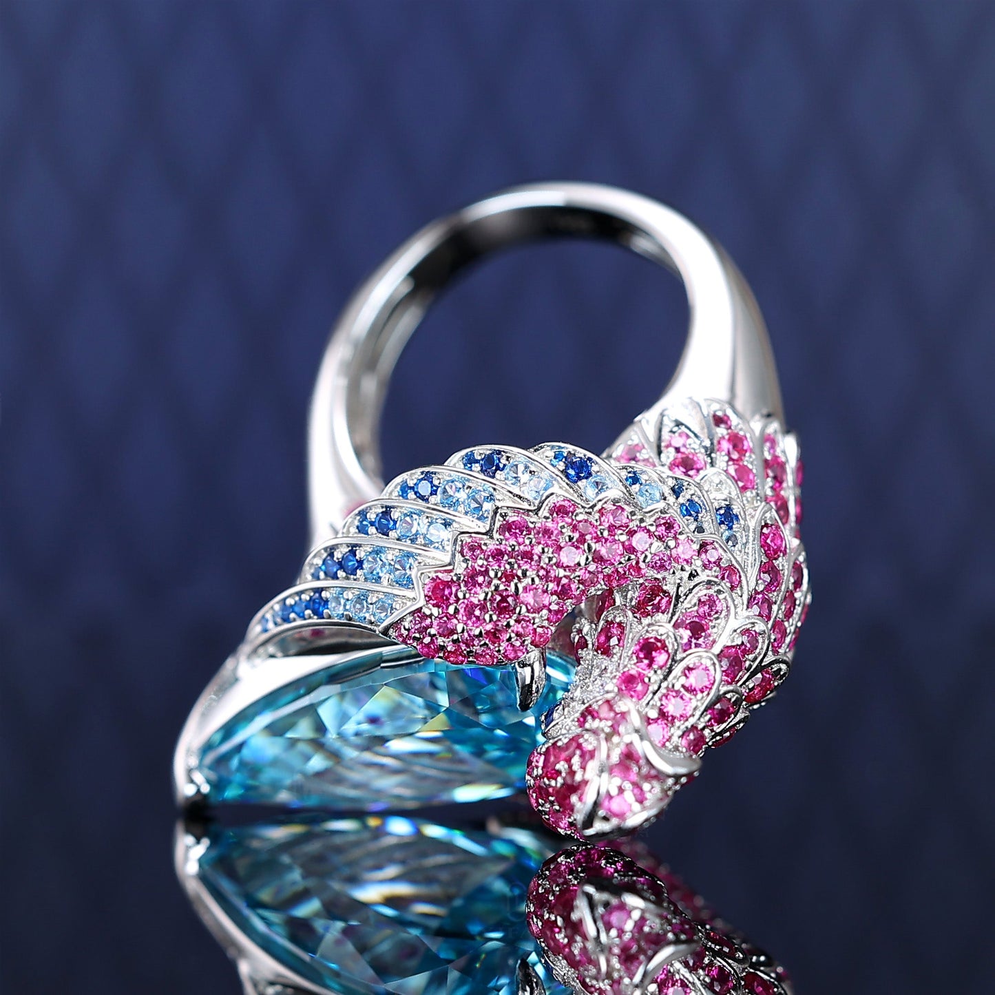 Micro-setting Aquamarine color Lab created stones fancy parrot ring,sterling silver