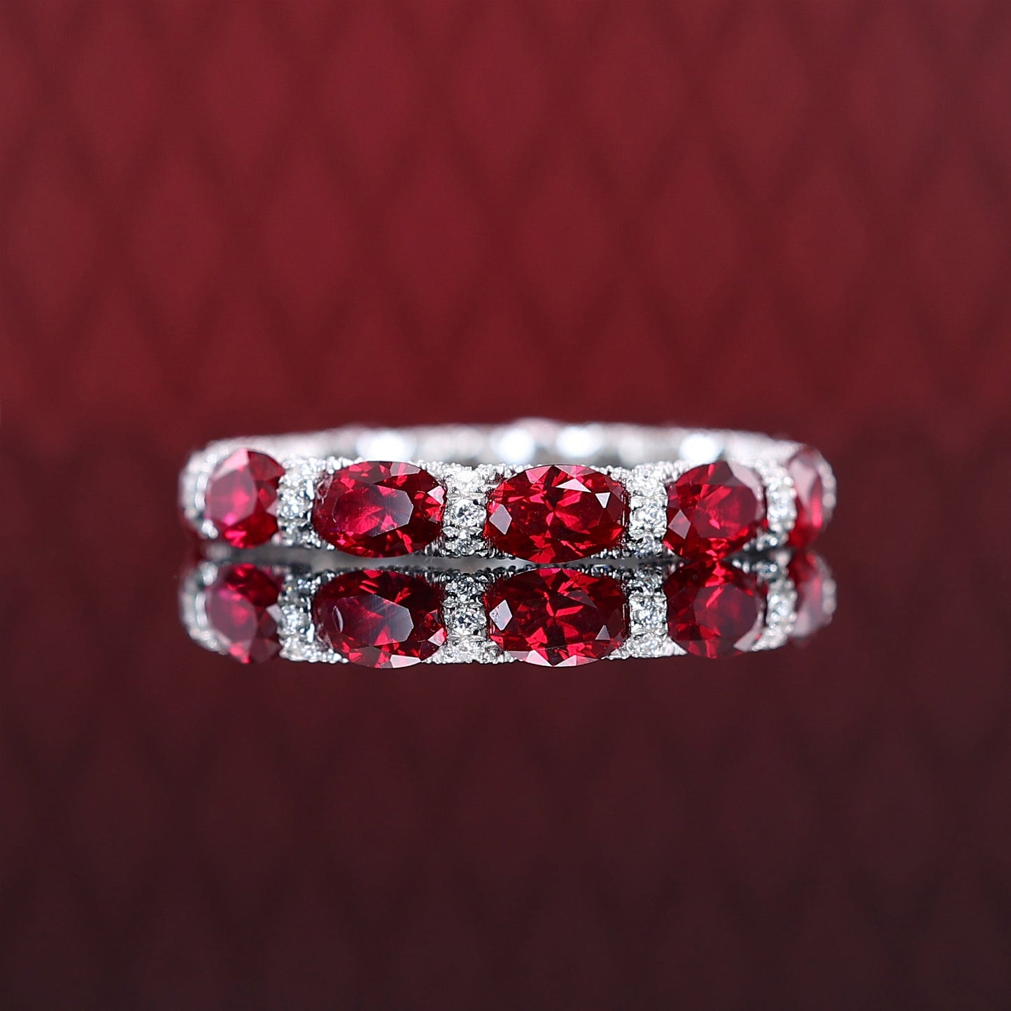 Micro-setting Ruby color Lab created stones detailed band ring, sterling silver