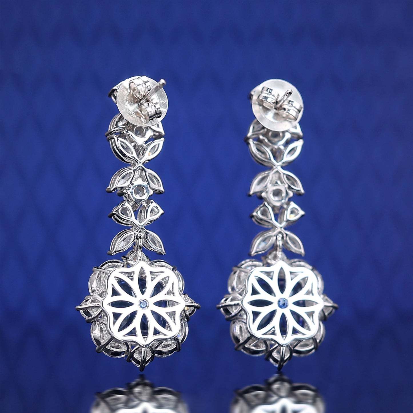 Micro-setting Sapphire color Lab created stones horse eye shape sugar tower dangle earrings, sterling silver