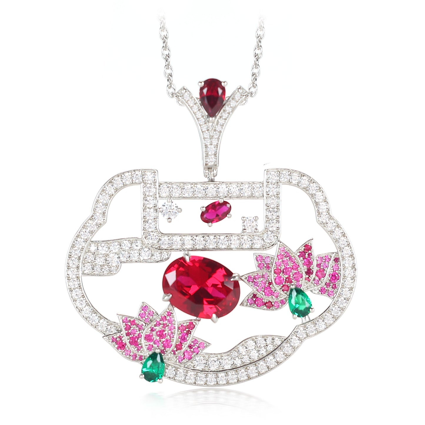 Promotional design Micro-setting Ruby color lab created stones Red Ruyi lotus pendant, sterling silver