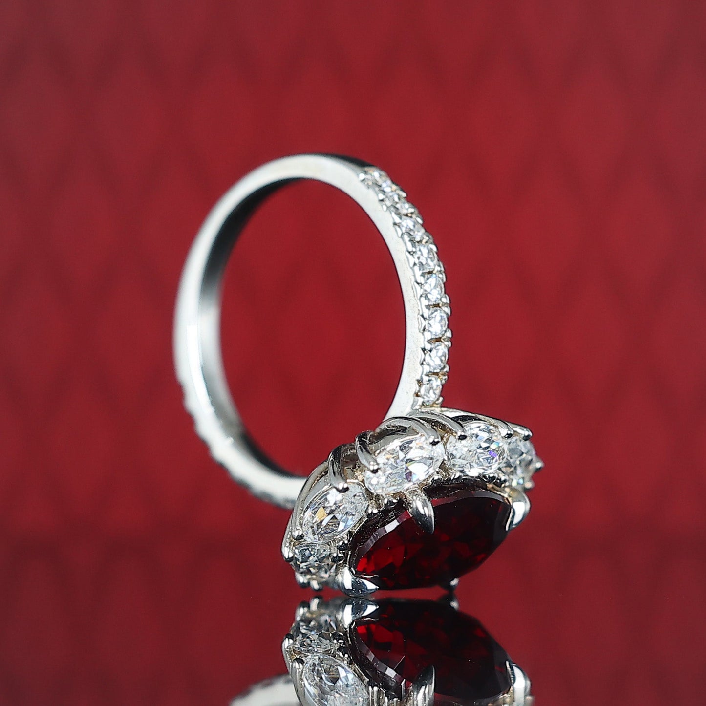 Promotional design Micro-setting Ruby color Lab created stones Diana ring, sterling silver. (5 carat)
