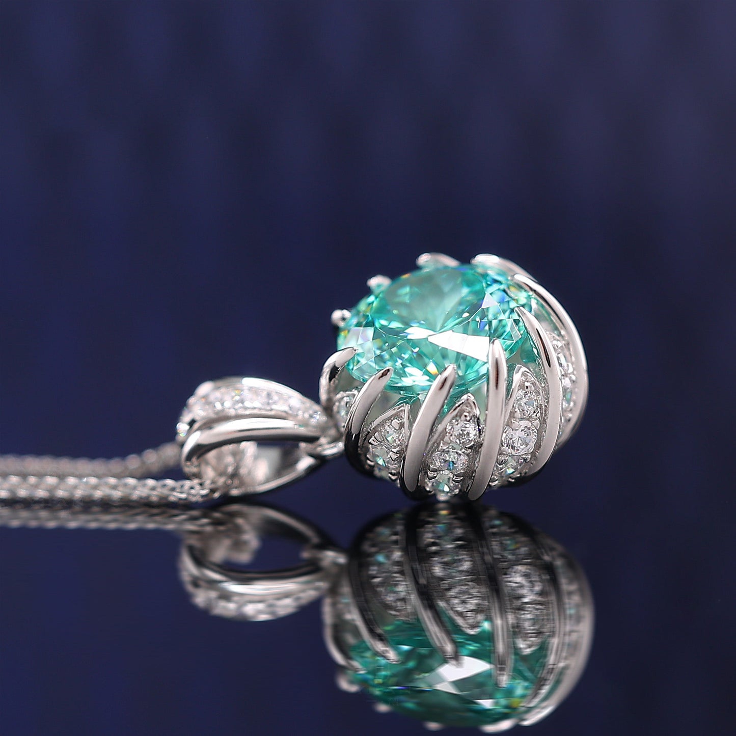 Micro-setting Paraiba color Lab created stones luxurious inlaid Lotus necklace,sterling silver