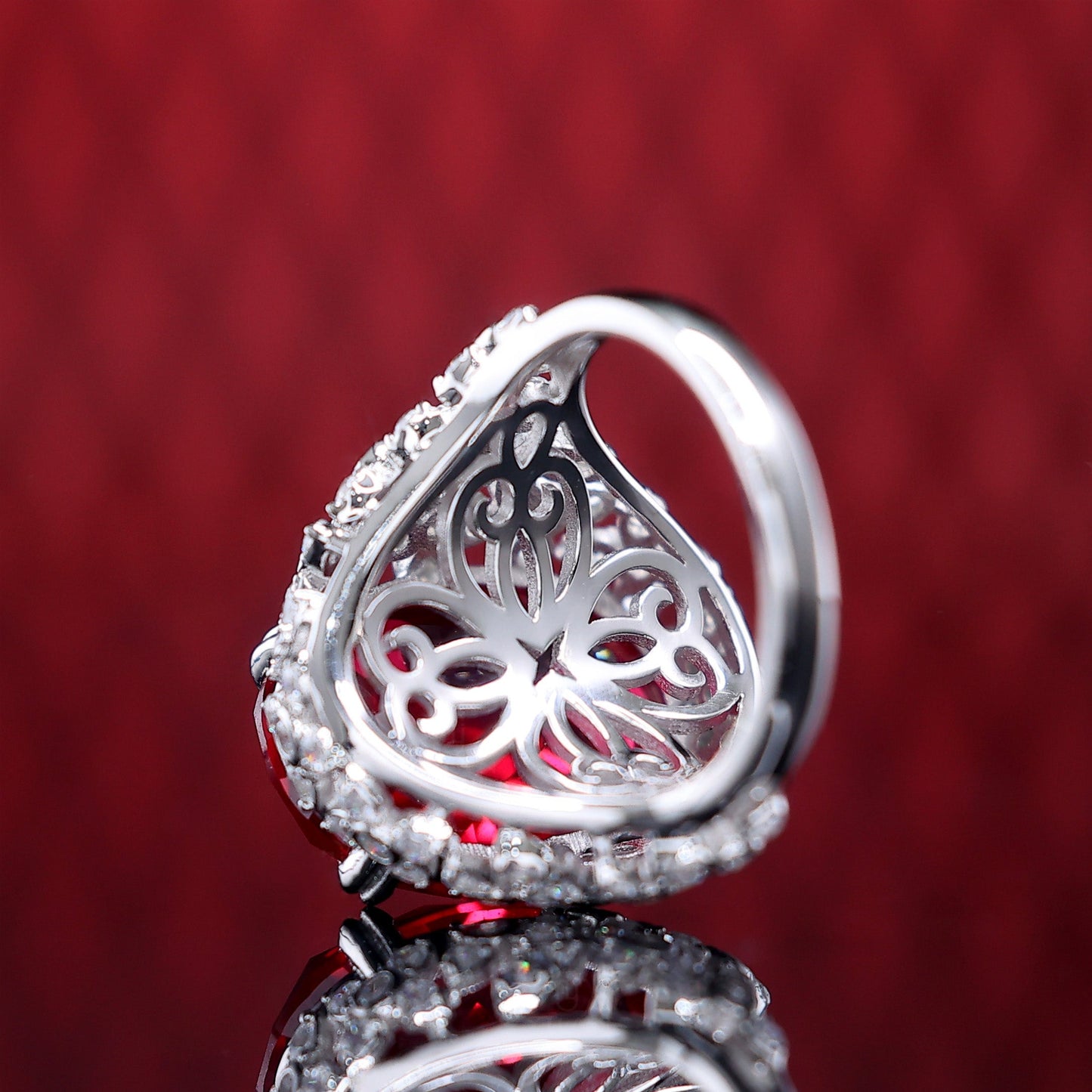 Micro-setting Ruby color Lab created stones Pigeon egg detailed ring, sterling silver.