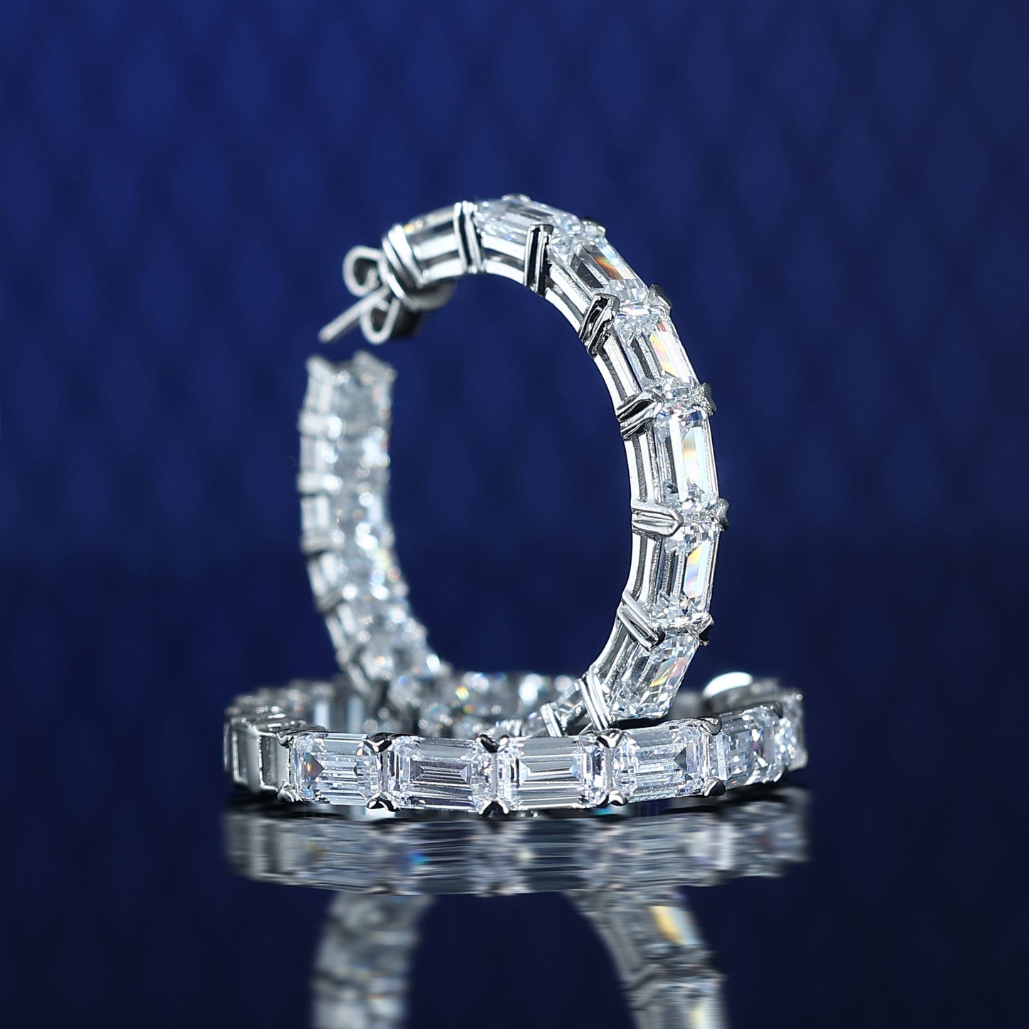 Micro-setting Emerald cut lab created stones ear loop, sterling silver