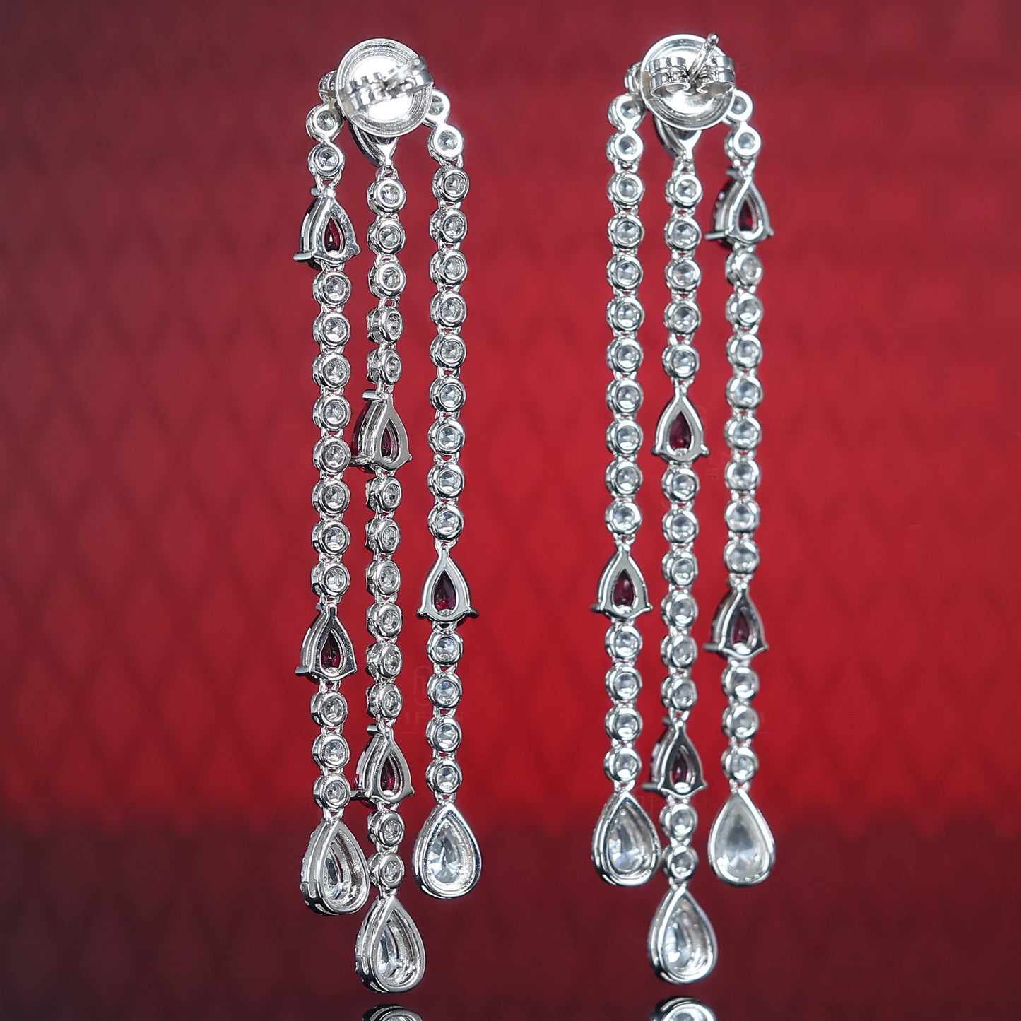 Micro-setting water drop Ruby color bubble chain tassel earrings, sterling silver