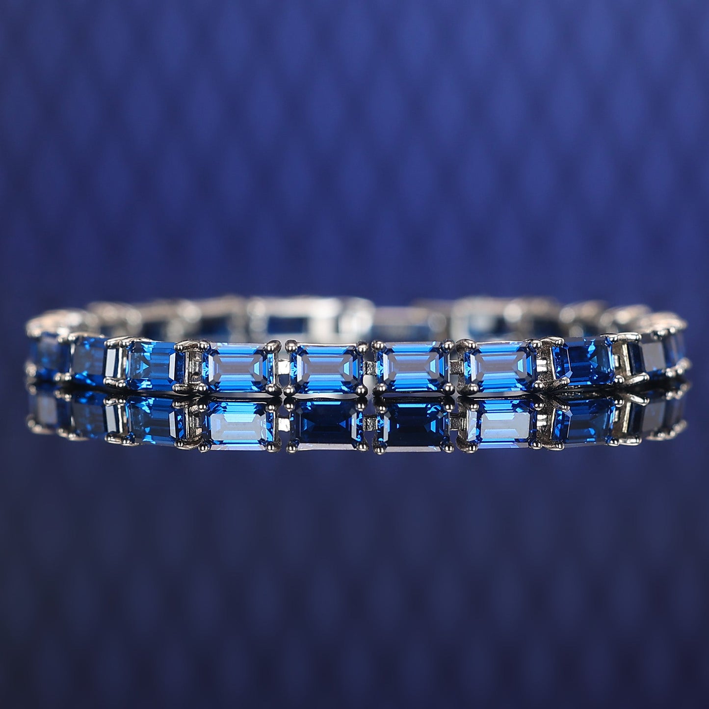 Micro-setting Sapphire color emerald cut Lab created stones bracelet, sterling silver