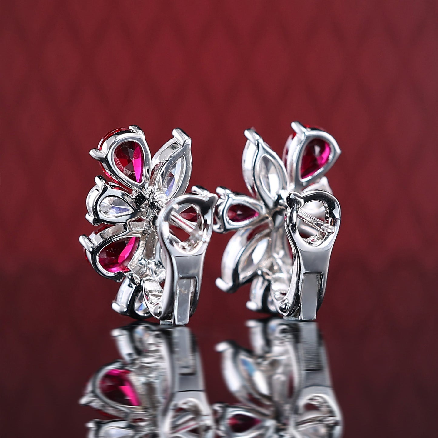 Micro-setting Ruby and diamond color Lab created stones waterdrops petal earrings, sterling silver