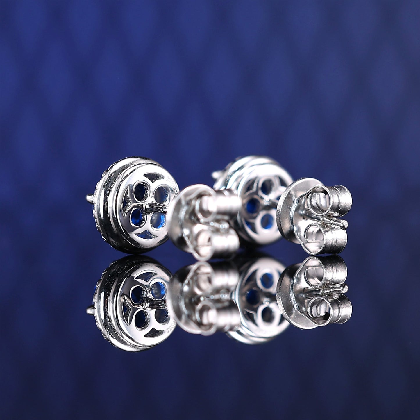Micro-setting Sapphire color Firework-cut round shape lab created stones ear studs, sterling silver, (2 carat)