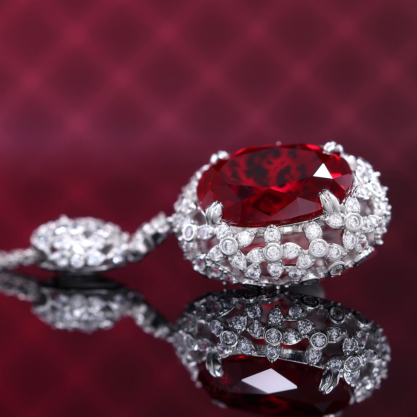 Micro-setting Ruby color Lab created stones Pigeon egg detailed necklace, sterling silver. (46 carat)