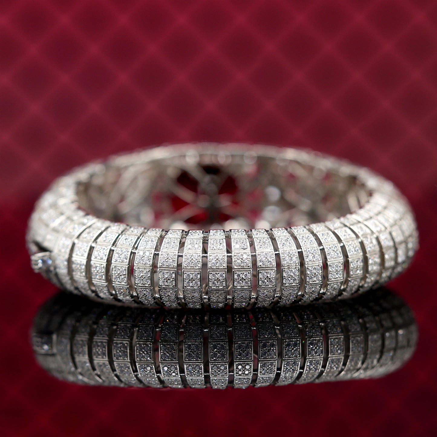Micro-setting Ruby color Lab created stones Art deco bangle, sterling silver