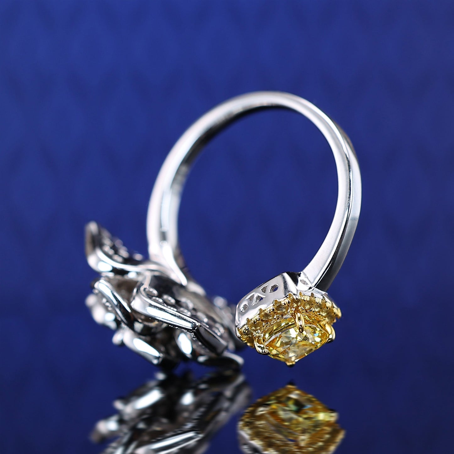 Micro-setting Yellow diamond color Lab created stones Camellia open ring, sterling silver