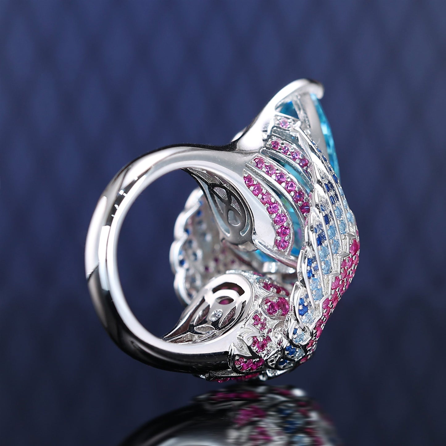 Micro-setting Aquamarine color Lab created stones fancy parrot ring,sterling silver