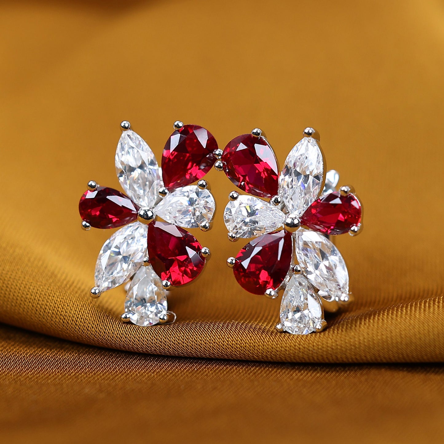 Micro-setting Ruby and diamond color Lab created stones waterdrops petal earrings, sterling silver