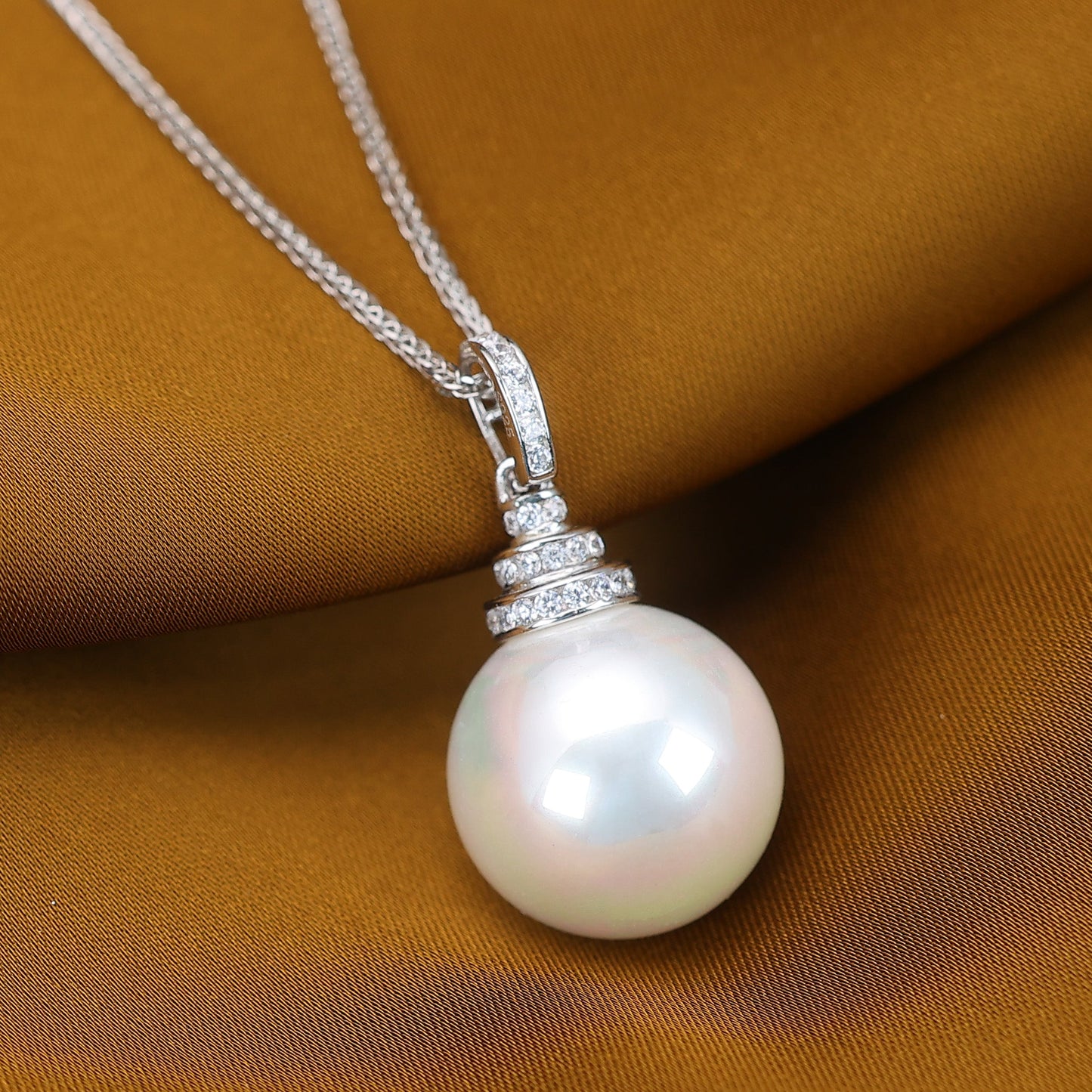 Micro-setting lab created stones White Shell Pearl Classic necklace, sterling silver