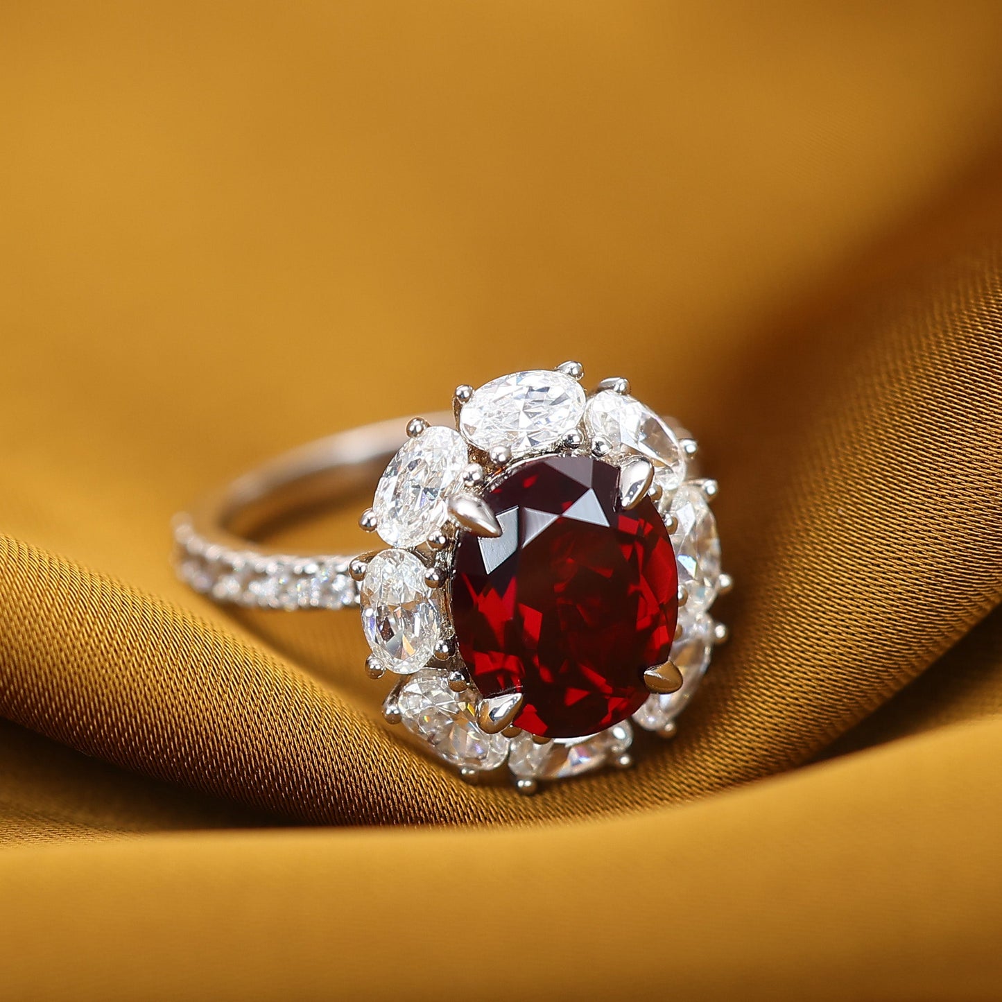 Promotional design Micro-setting Ruby color Lab created stones Diana ring, sterling silver. (5 carat)