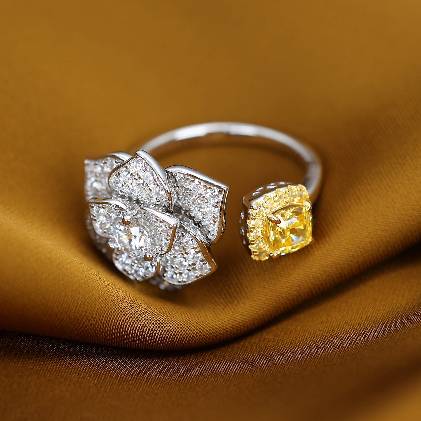Micro-setting Yellow diamond color Lab created stones Camellia open ring, sterling silver