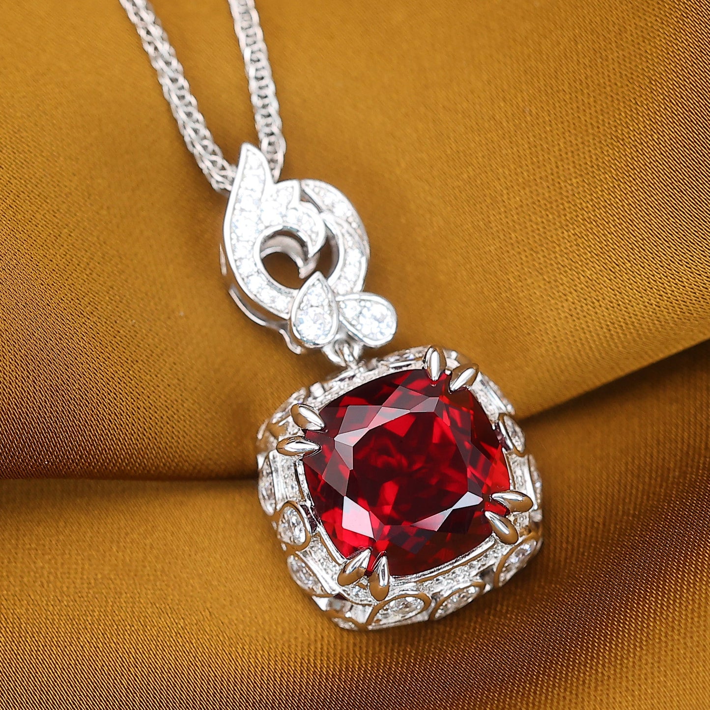 Micro-setting Ruby color Square-shape Birds paying homage to the phoenix necklace, sterling silver