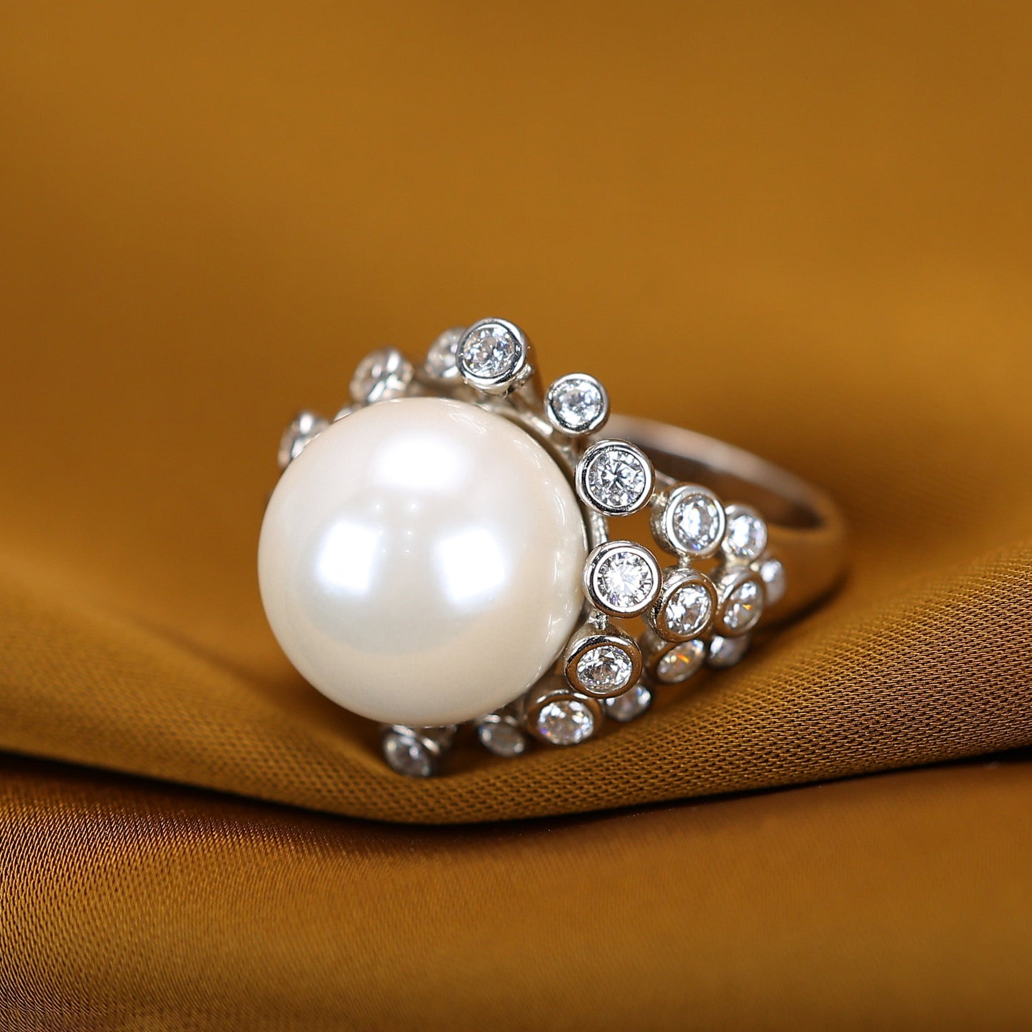 Micro-setting Lab created stones White Shell pearl Ring,sterling silver
