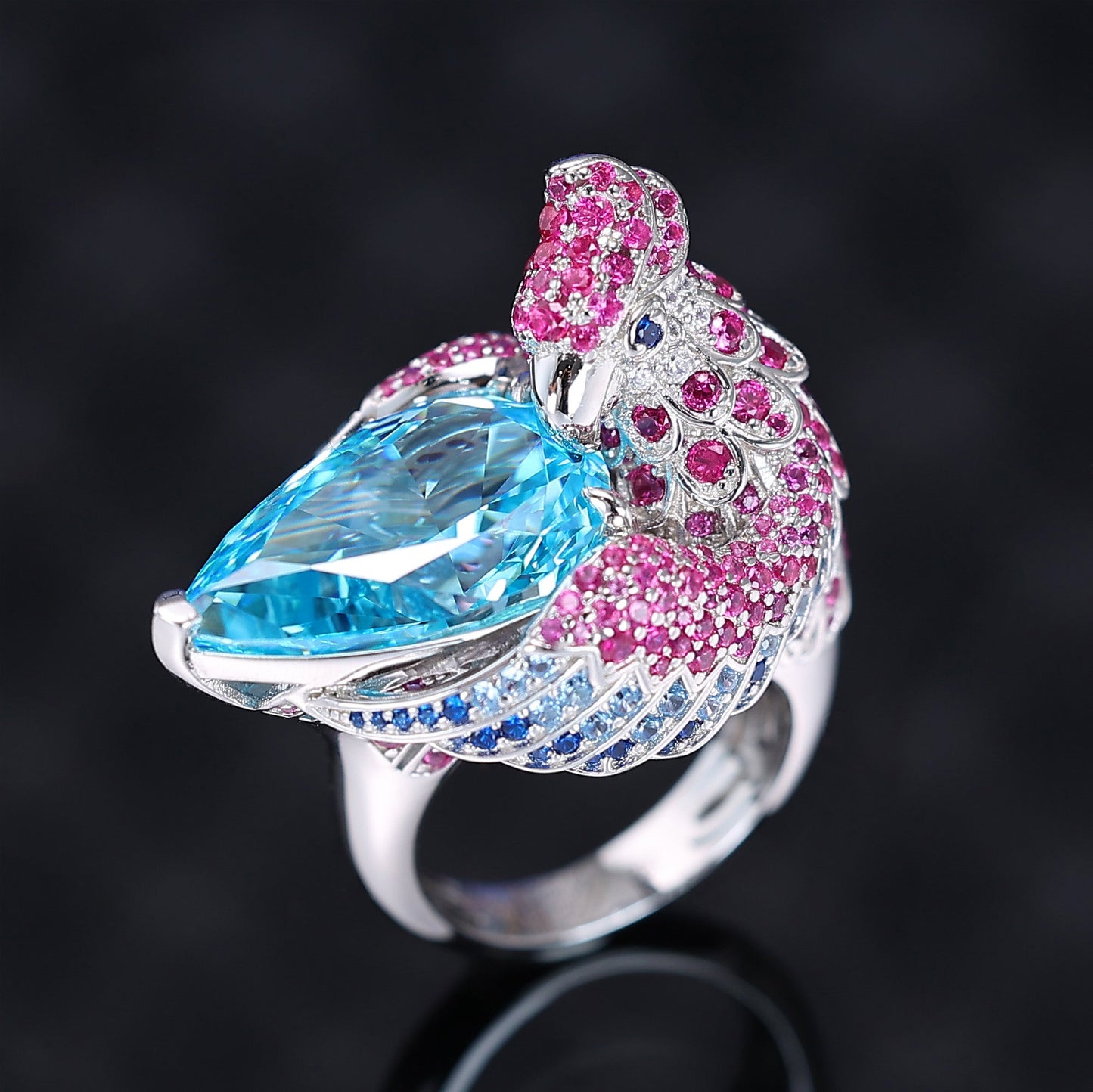 Micro-setting Aquamarine color Lab created stones fancy parrot ring,sterling silver