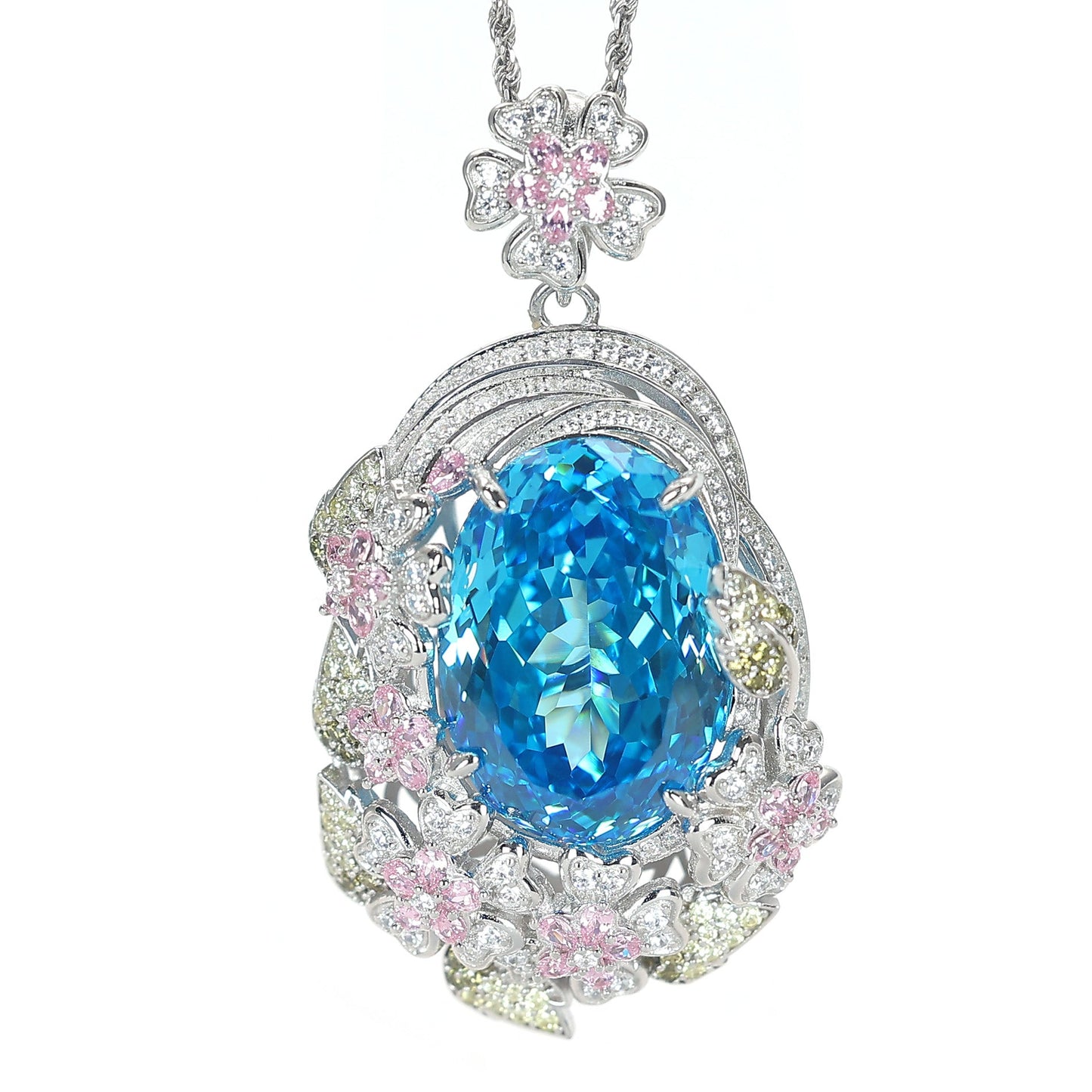 Limited edition Micro-setting Paraiba color lab created stones The gardens of Versailles pigeon egg pendant, sterling silver