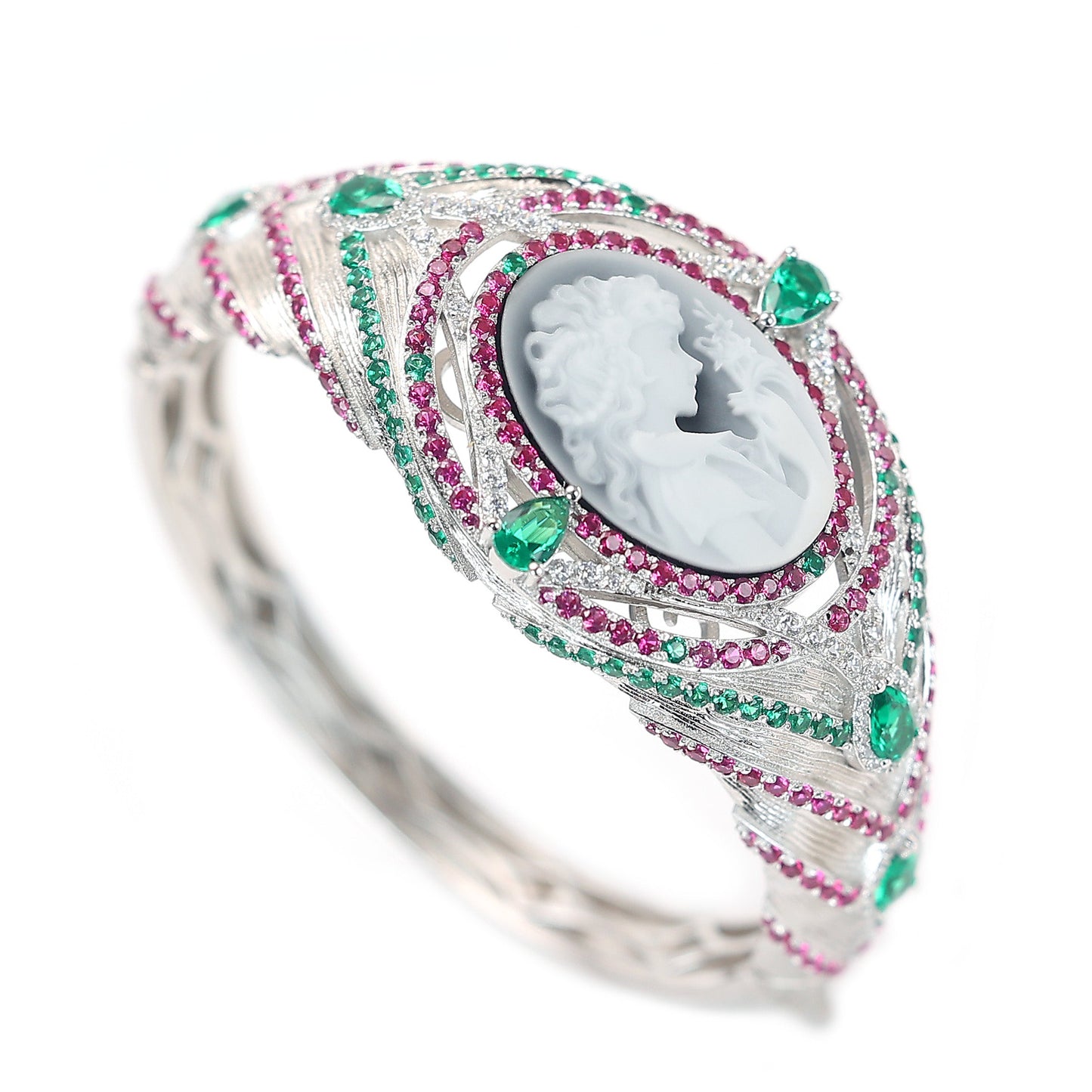 Micro-setting Lab created stones Fairy with the Flower cameo bangle, sterling silver